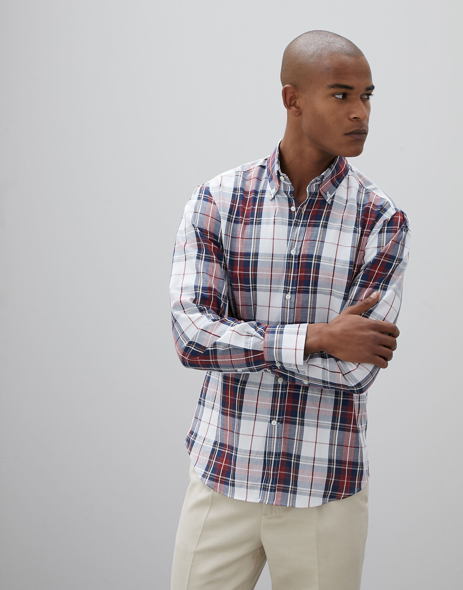 Fseason-Men No-Iron Classic Plaid Pocket Single Breasted Relaxed Shirt