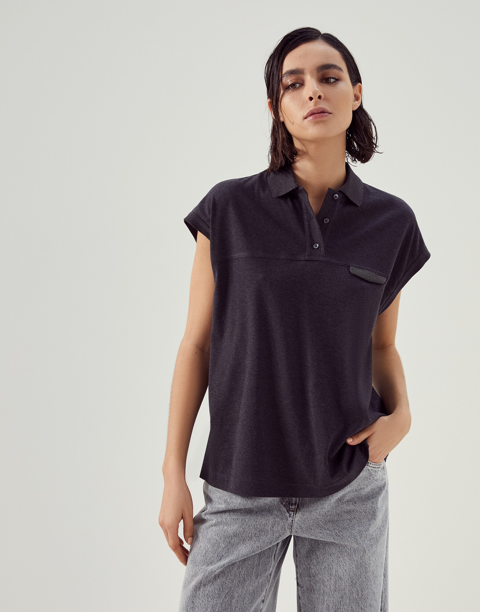 Jersey polo shirt Anthracite Woman - Brunello Cucinelli