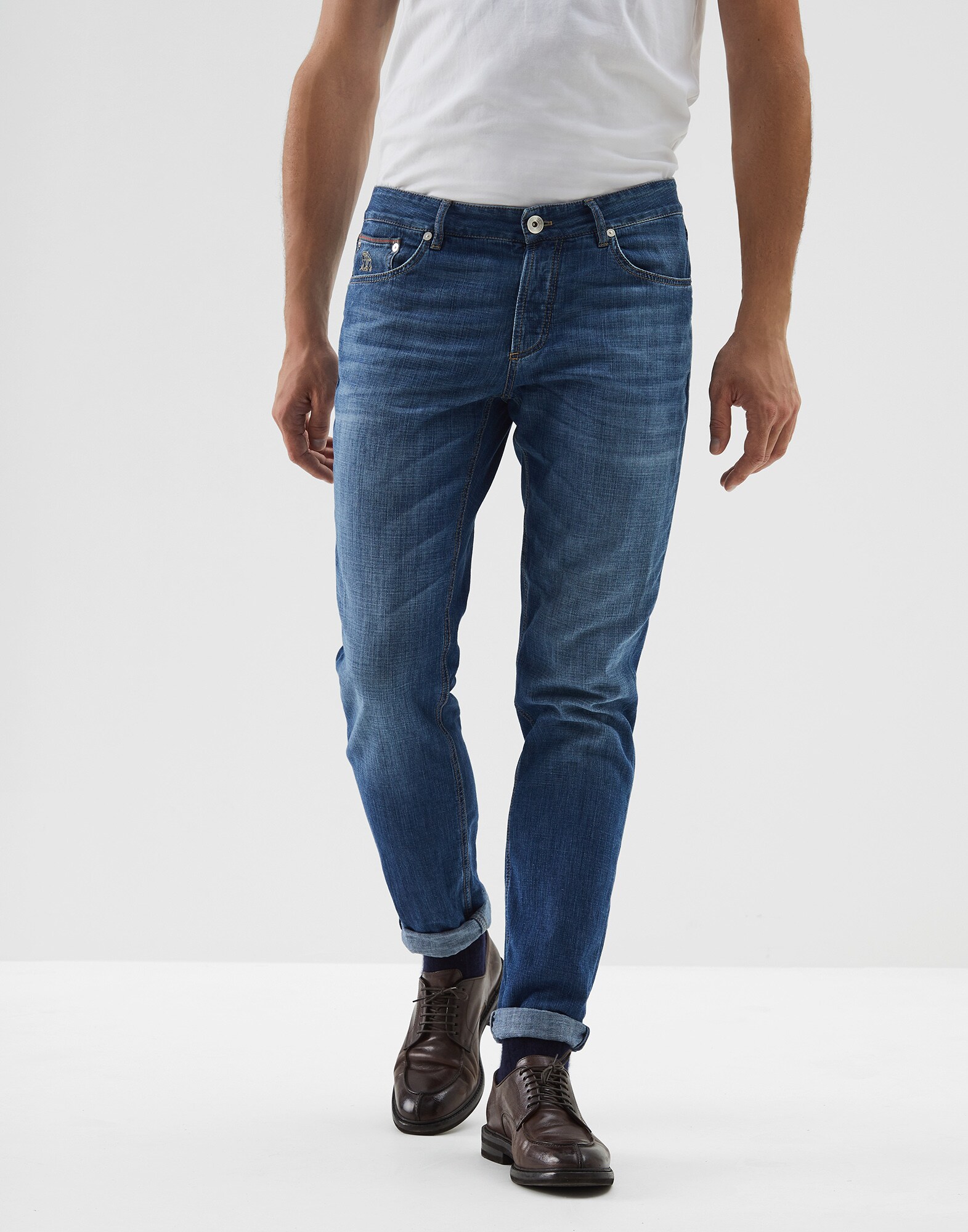 Traditional fit five-pocket trousers Medium Denim Man - Brunello Cucinelli