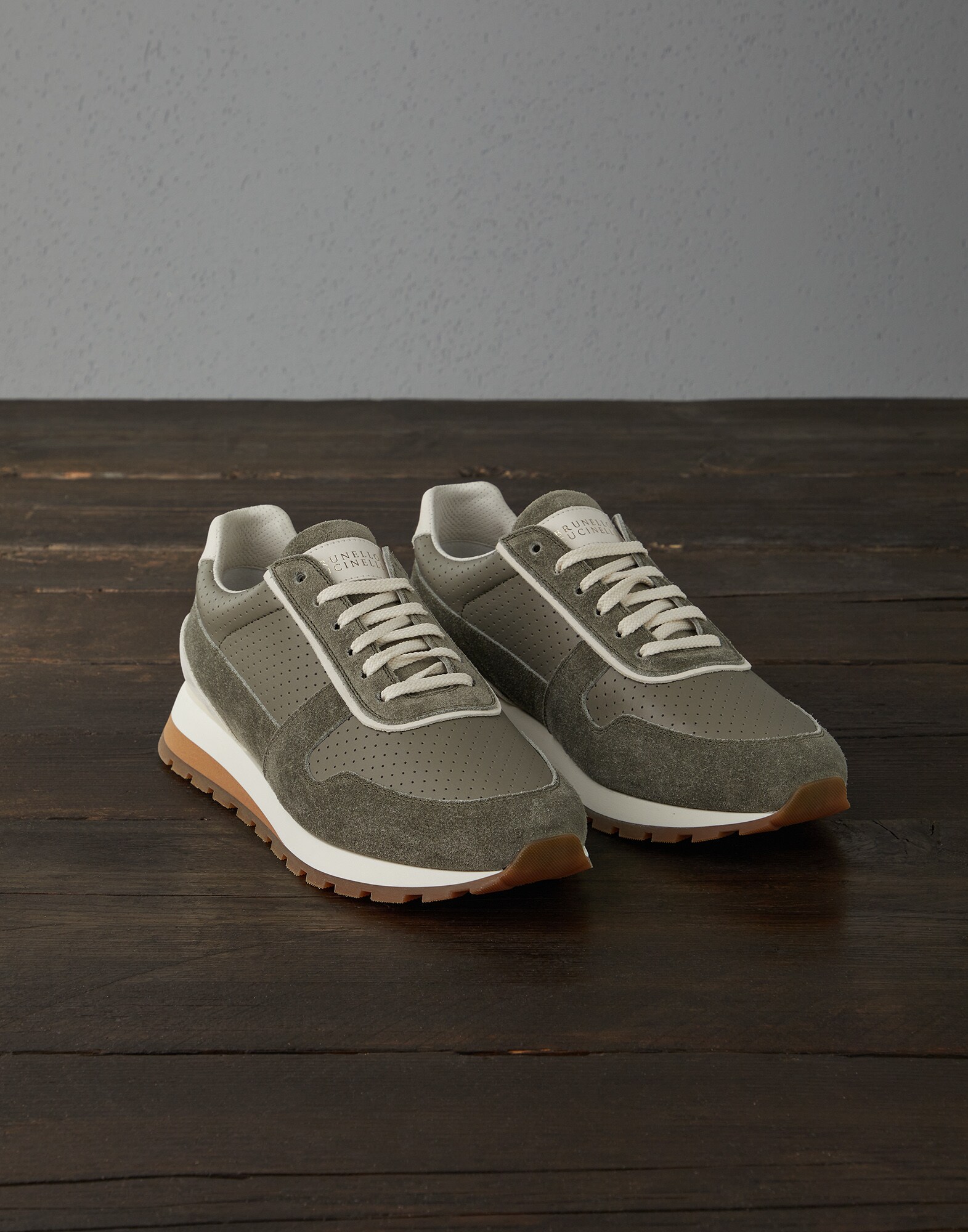 Calfskin and suede runners Olive Man - Brunello Cucinelli