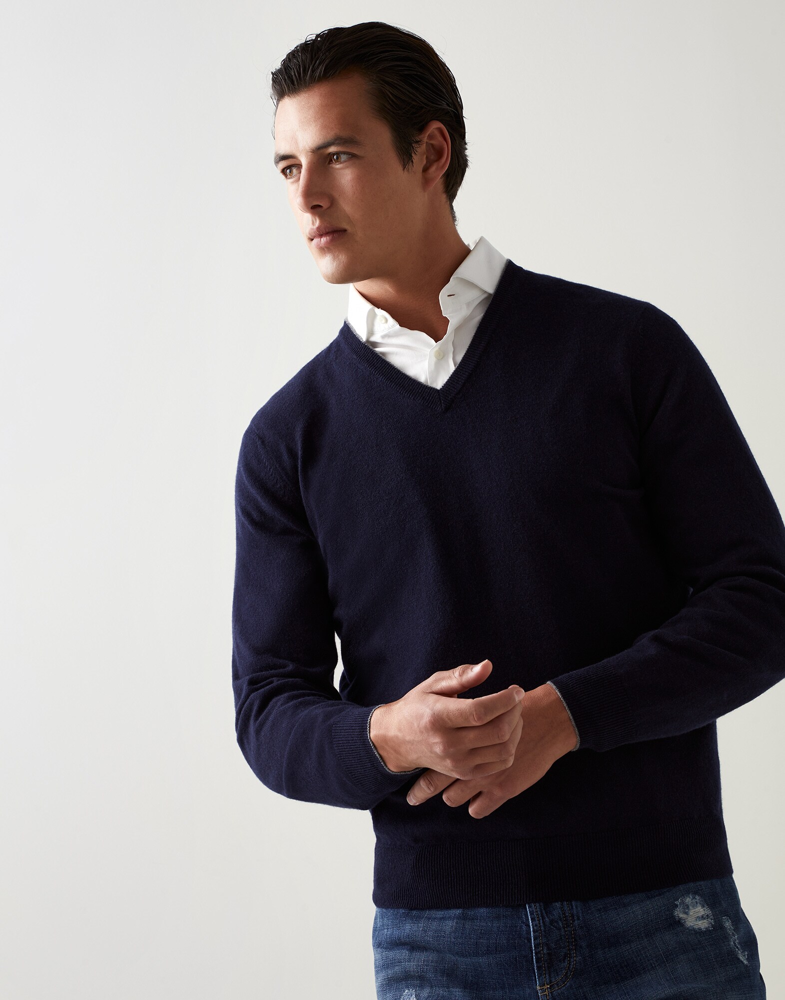 cashmere sweater over dress shirt