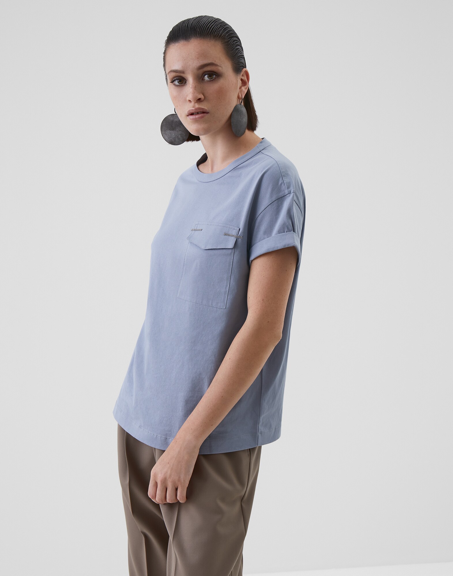 Short Sleeve T-Shirt Indigo Woman 1 - Brunello Cucinelli