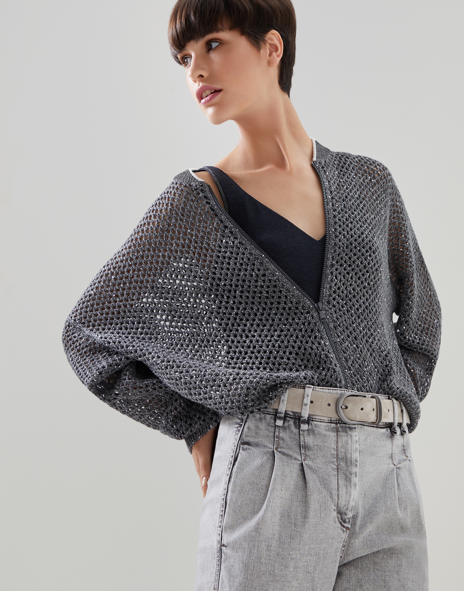 Cardigan style bomber Plomb Femme - Brunello Cucinelli