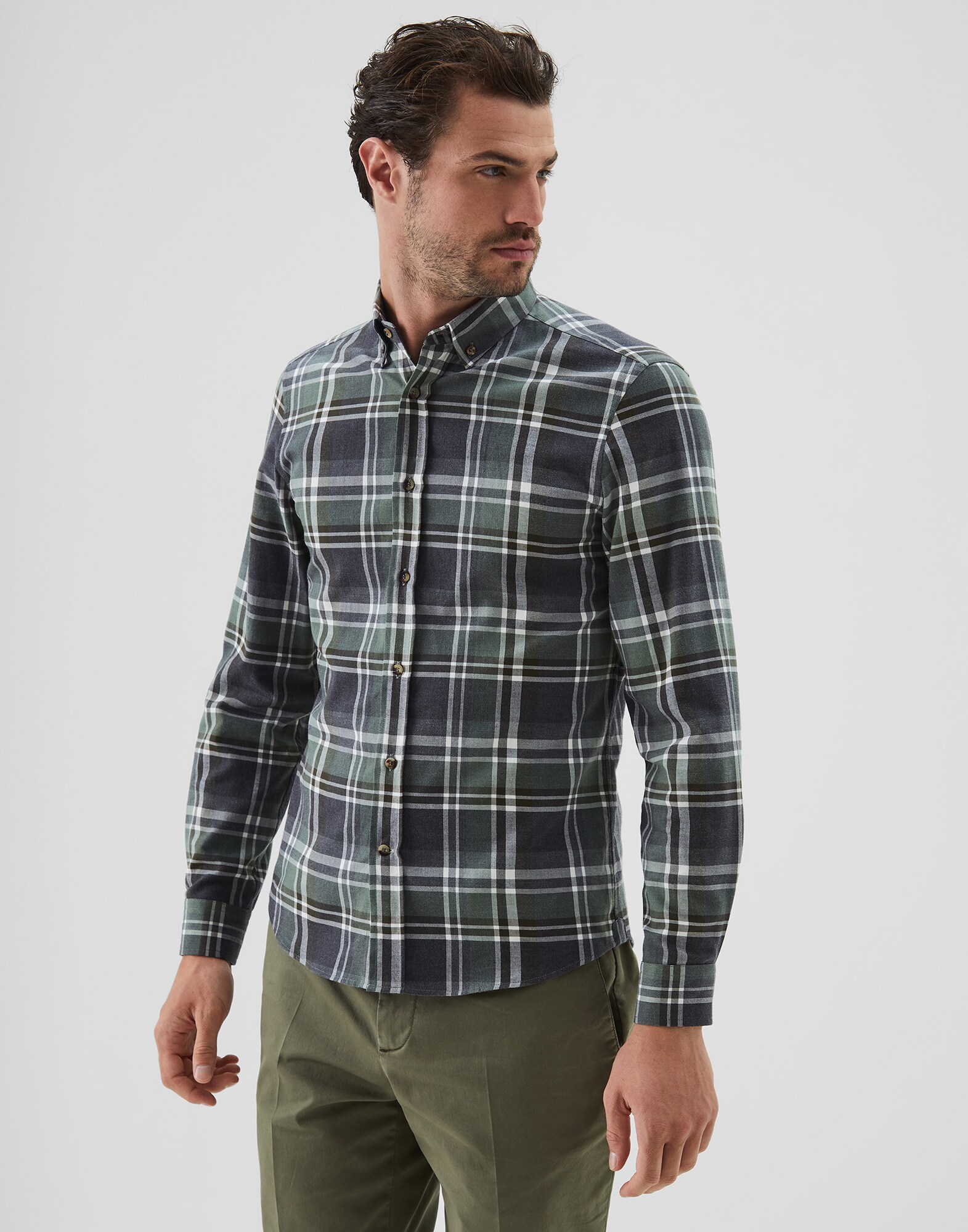 Button Down Shirt Olive Man 1 - Brunello Cucinelli