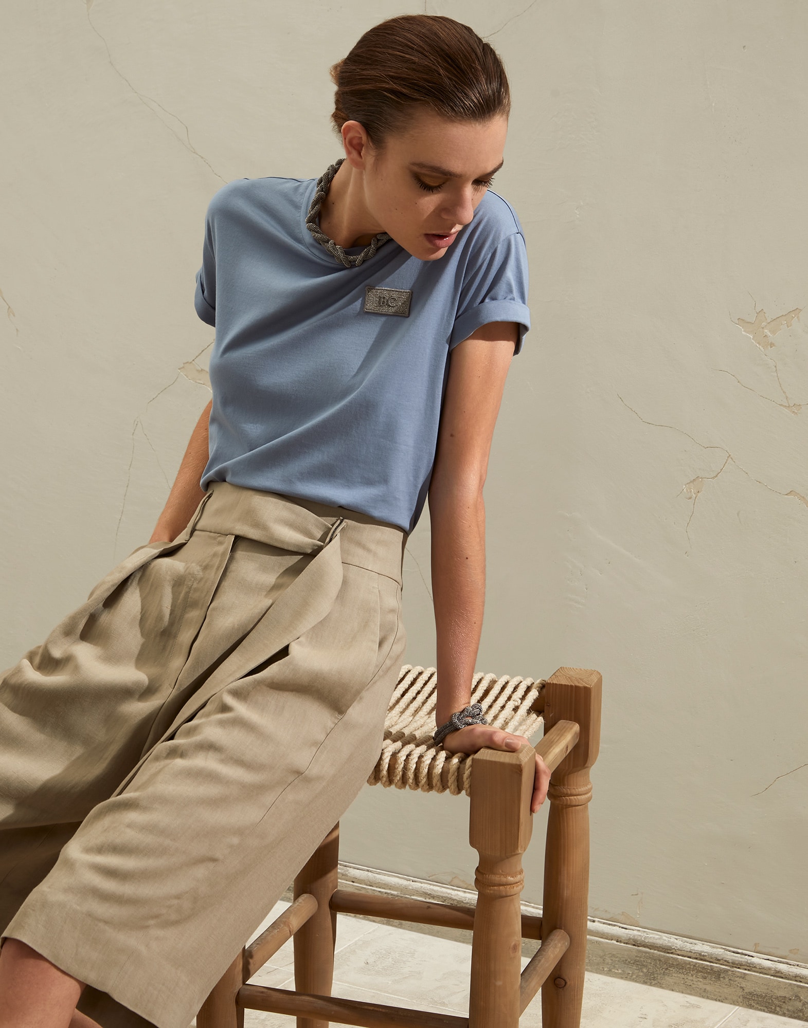 T-shirt con monile Denim Chiaro Donna - Brunello Cucinelli