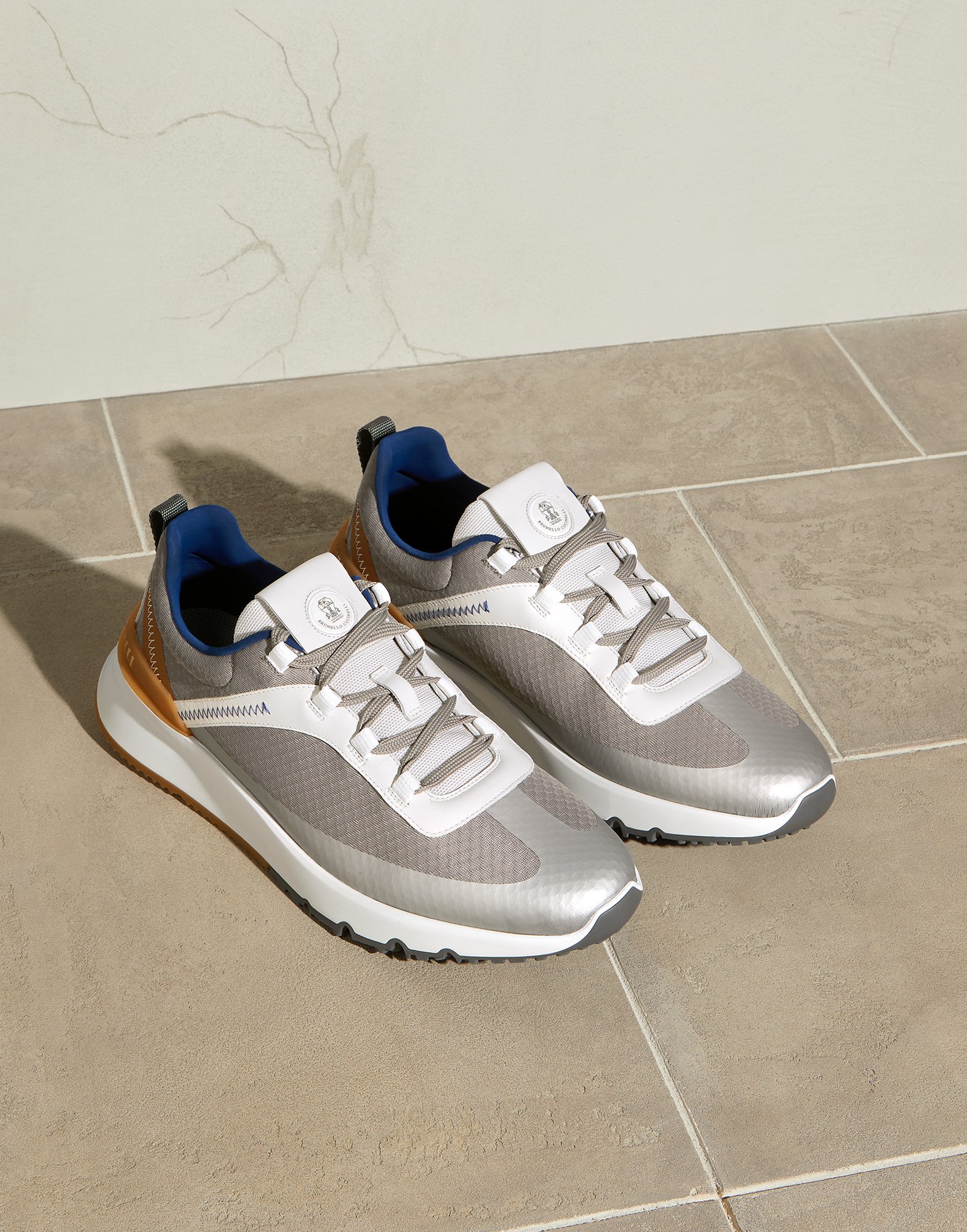 Sneakers aus Stoff und Kalbsleder Silber Herren - Brunello Cucinelli
