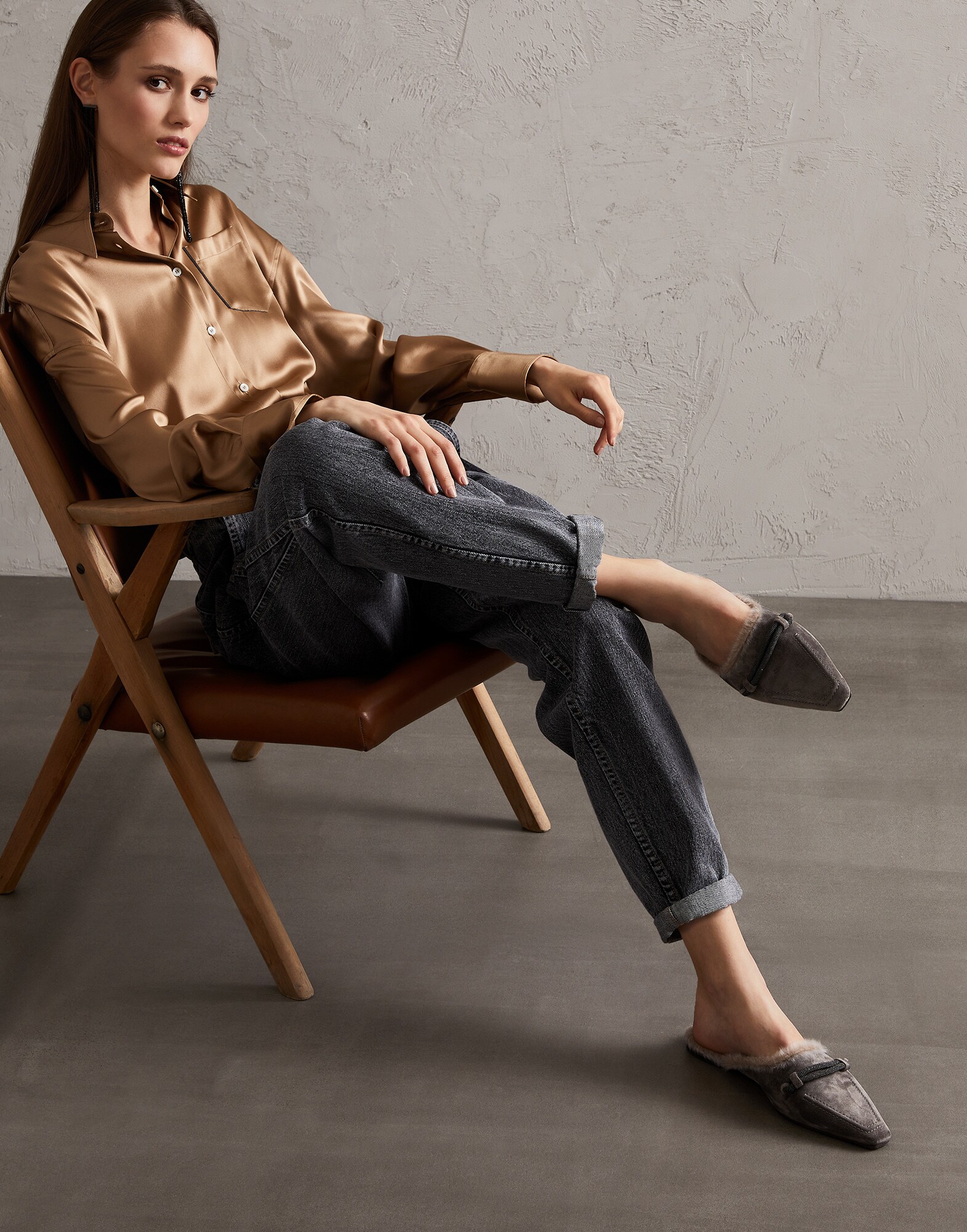 Shearling-lined mules Slate Woman - Brunello Cucinelli