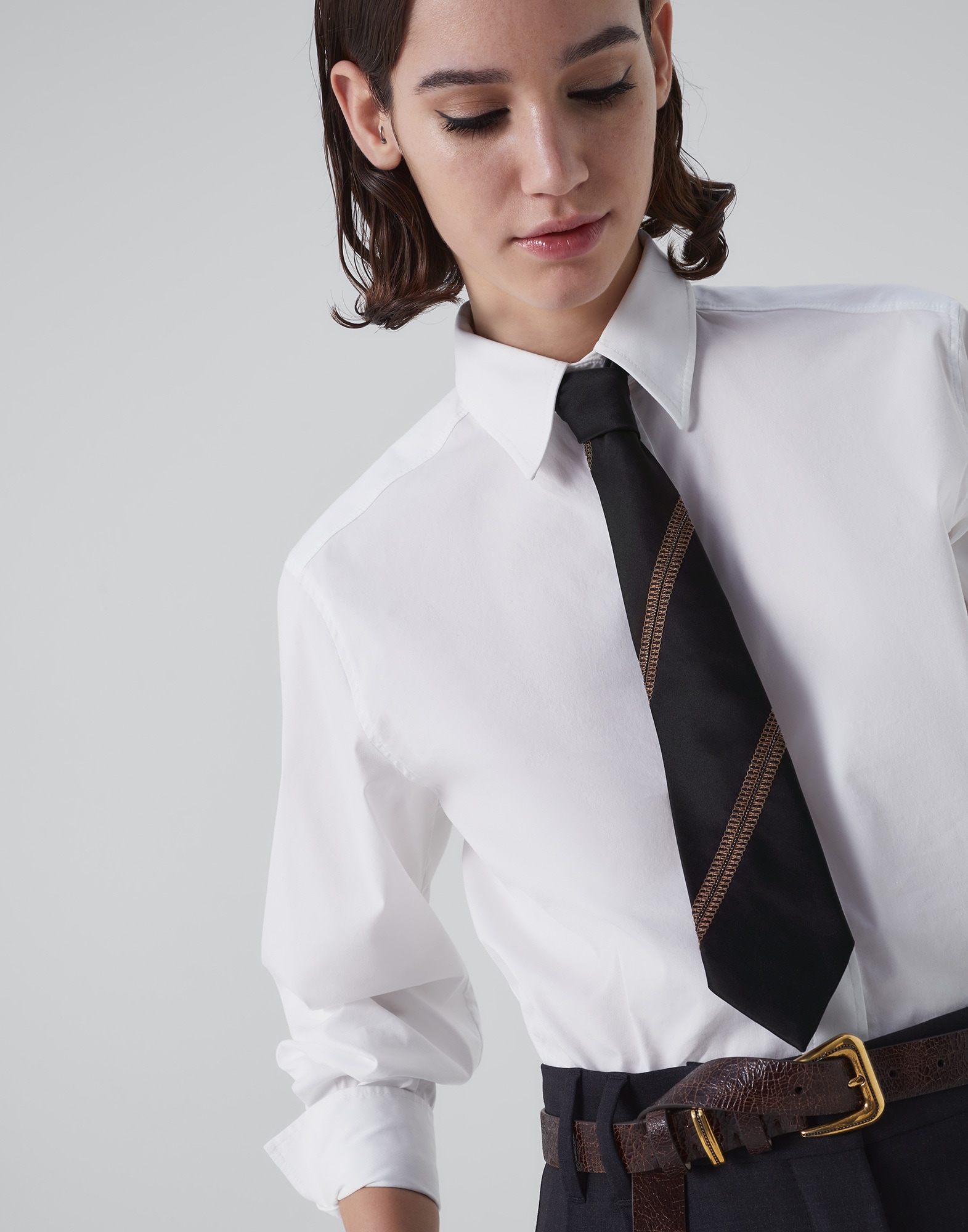 Cravate en soie rayure texturée Noir Femme - Brunello Cucinelli