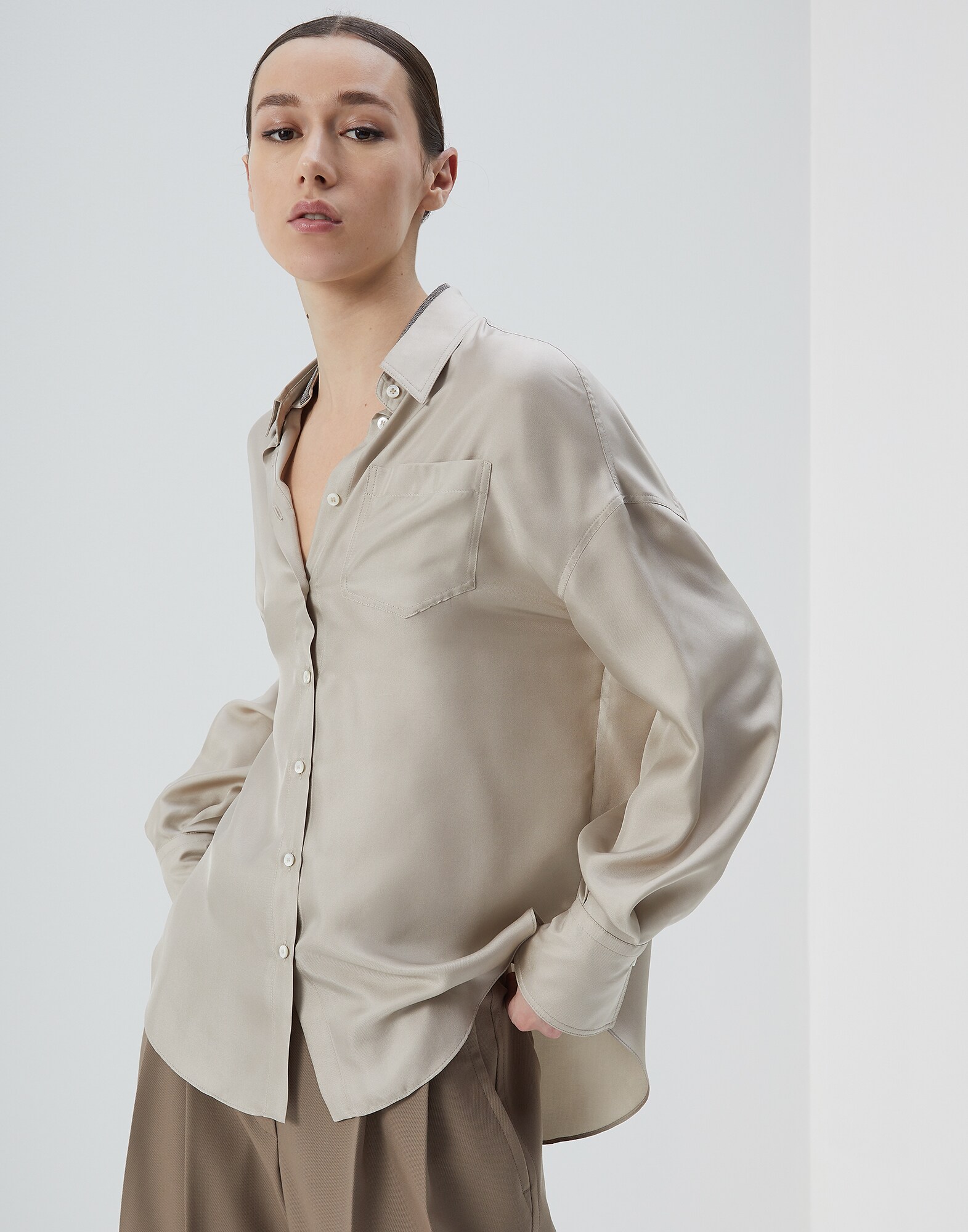 Silk Shirt Cool Beige Woman 1 - Brunello Cucinelli