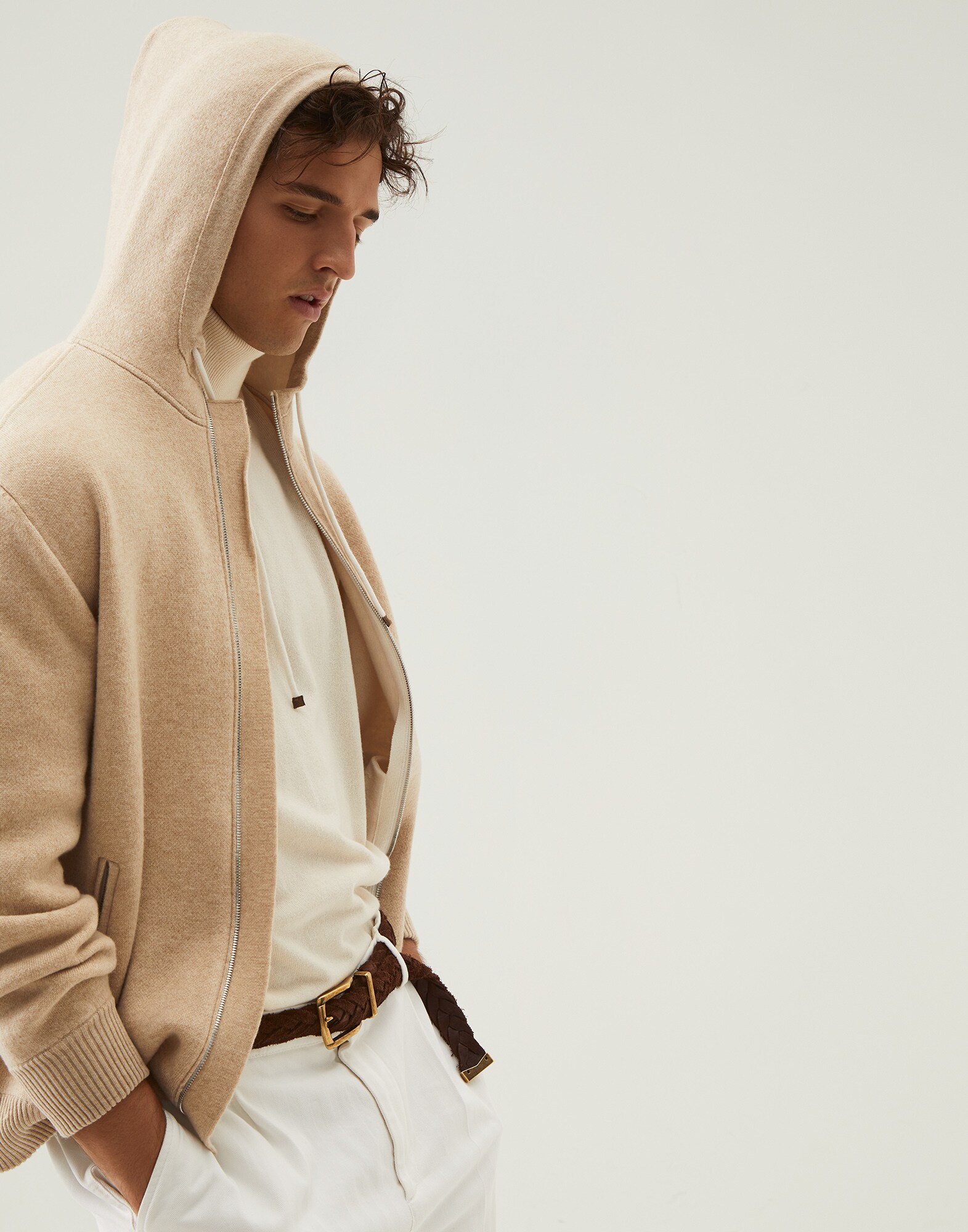 Zip-front Cardigan Beige Man 0 - Brunello Cucinelli