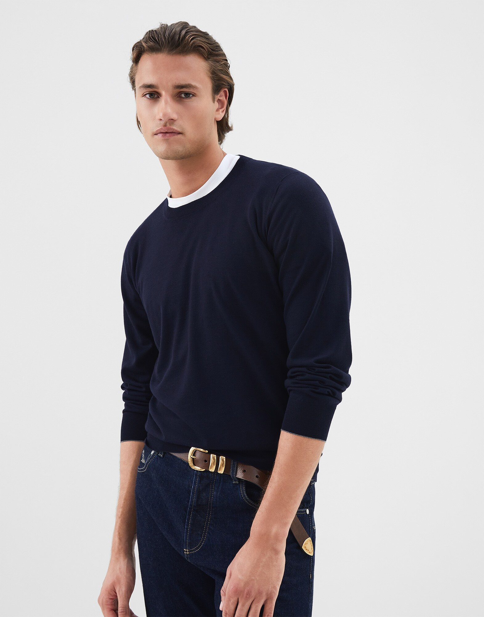 Crewneck Sweater Navy Blue Man 1 - Brunello Cucinelli