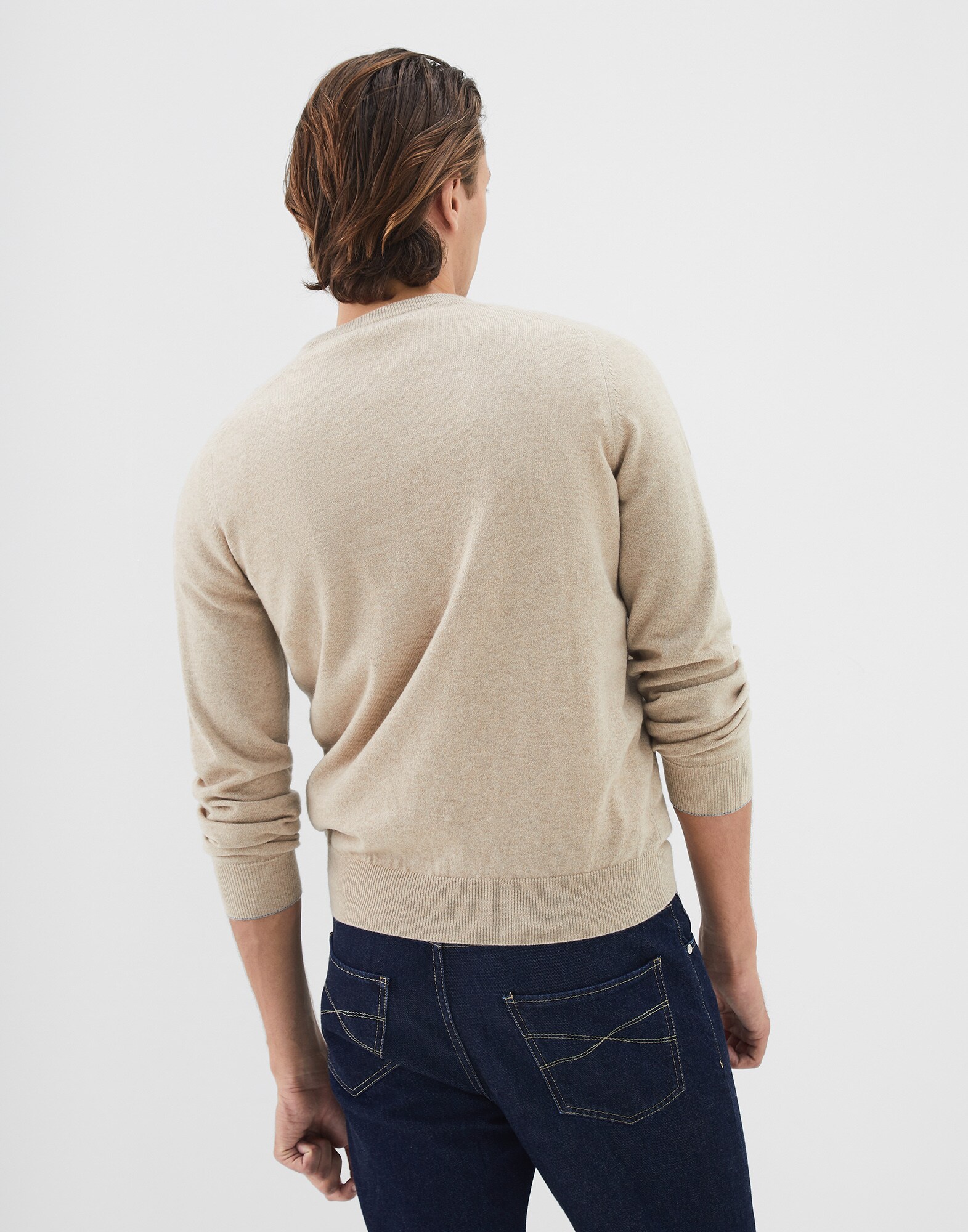 V-neck Sweater Warm Beige Man 1 - Brunello Cucinelli