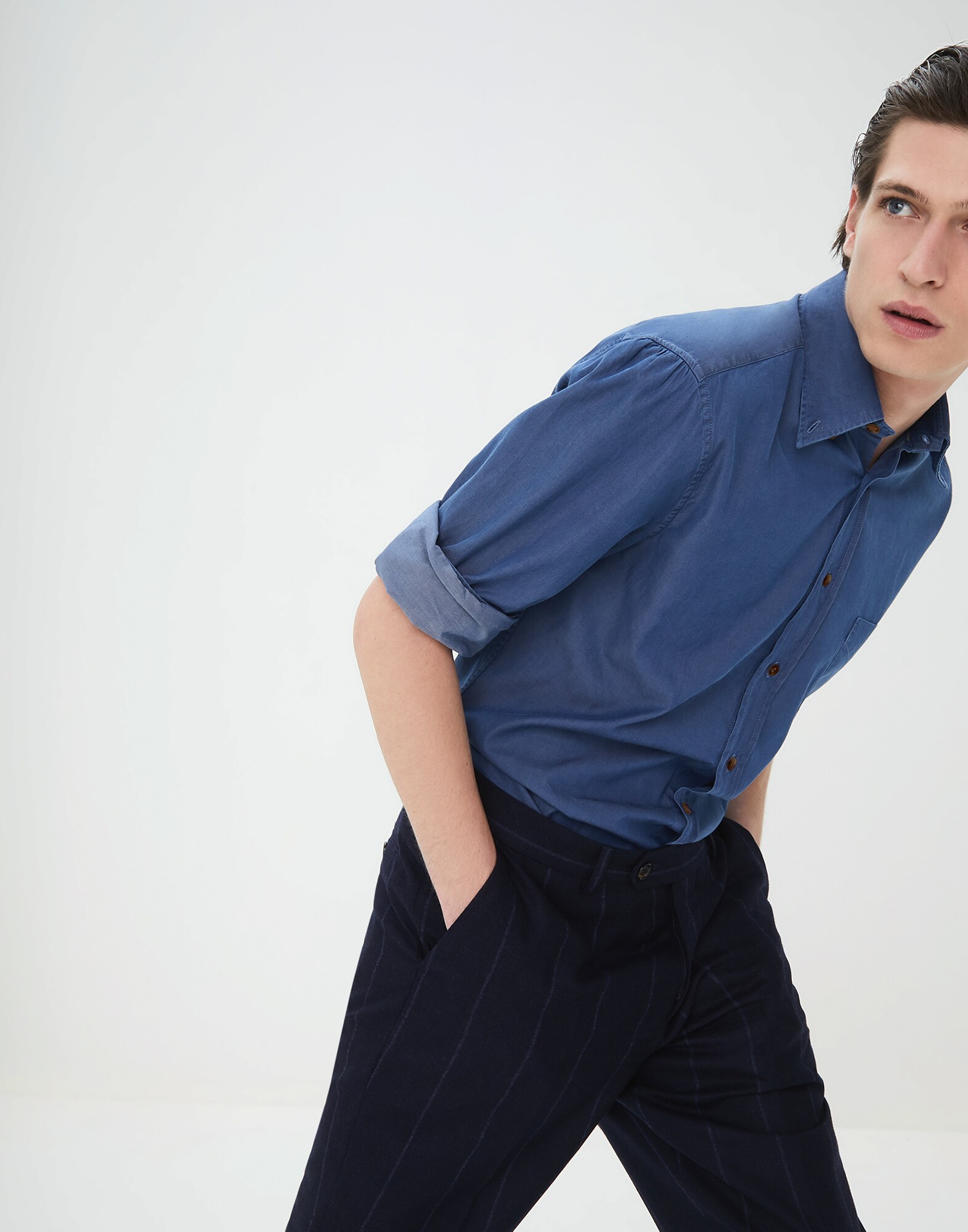 Button Down Shirt Dark Denim Man 0 - Brunello Cucinelli