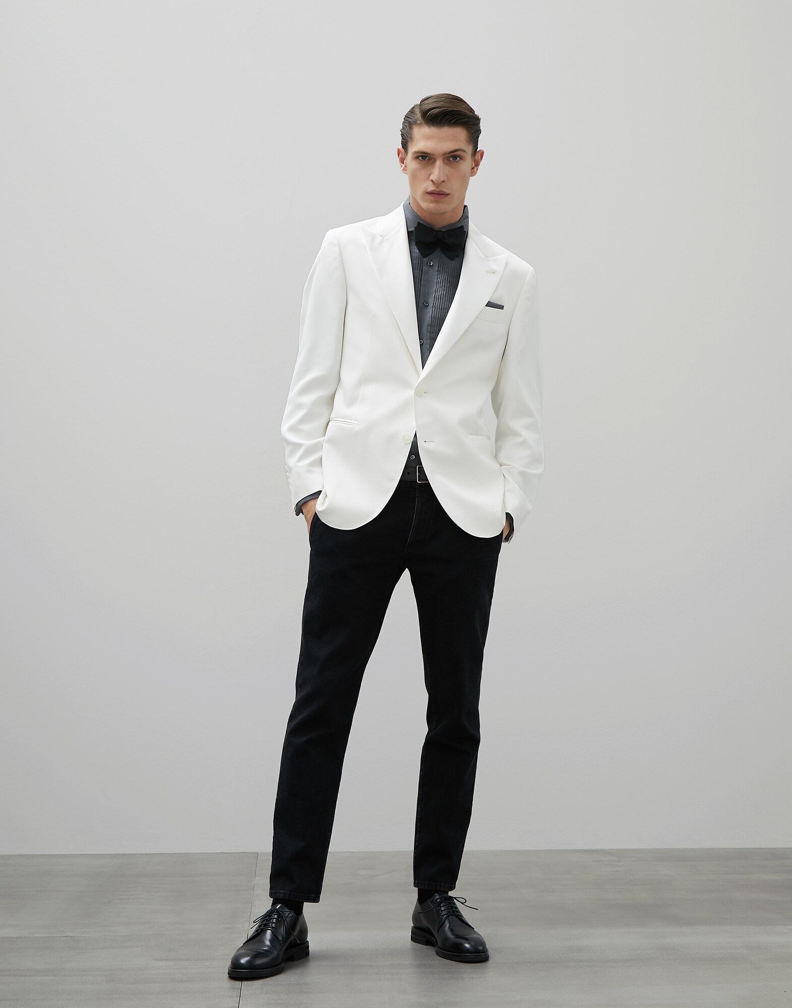 grey lightweight denim tuxedo trousers