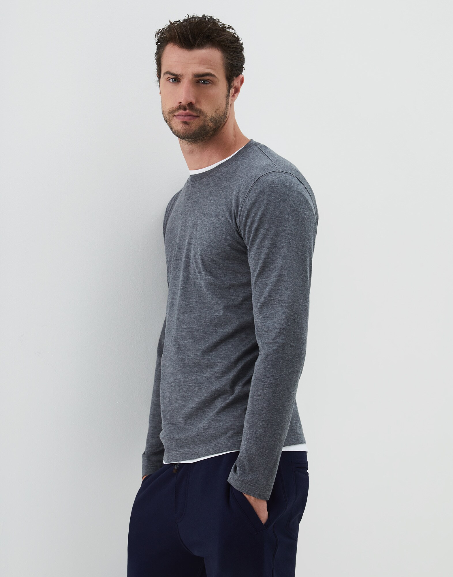 Camiseta de Manga Larga Gris Oscuro Hombre 1 - Brunello Cucinelli