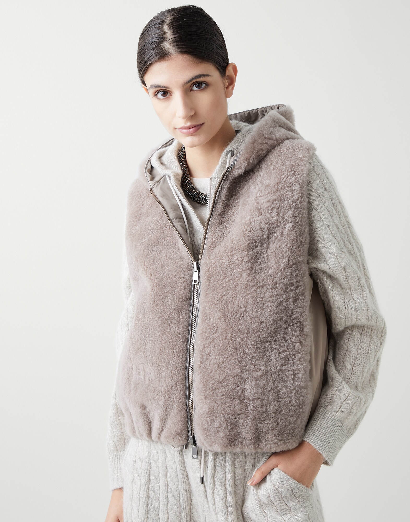 Veste sans manches en peau de mouton Beige Froid Femme - Brunello Cucinelli