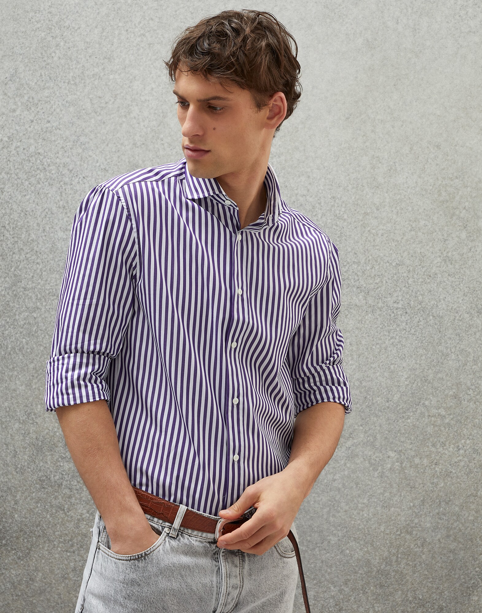 Striped poplin shirt Purple Man - Brunello Cucinelli
