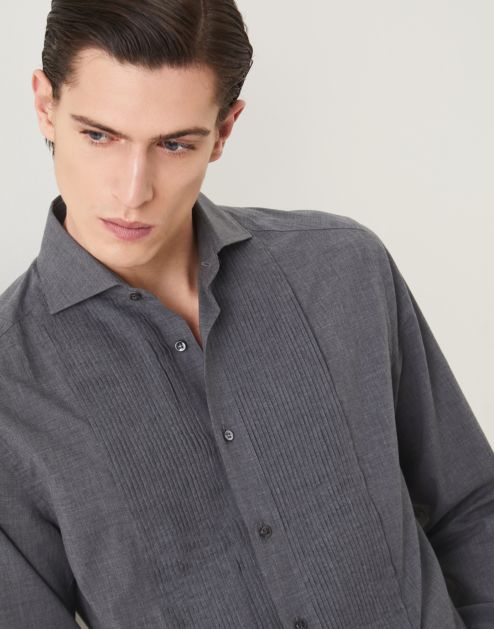 Camisa para esmoquin con plisado Antracita Hombre - Brunello Cucinelli