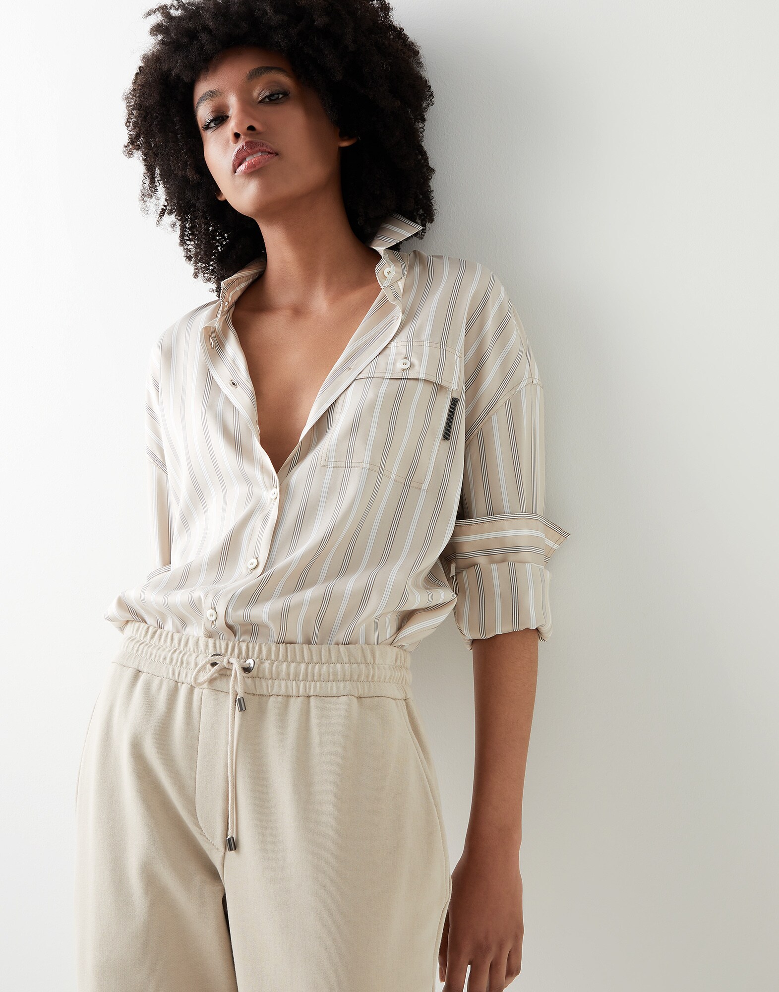 Striped silk shirt Beige Woman - Brunello Cucinelli