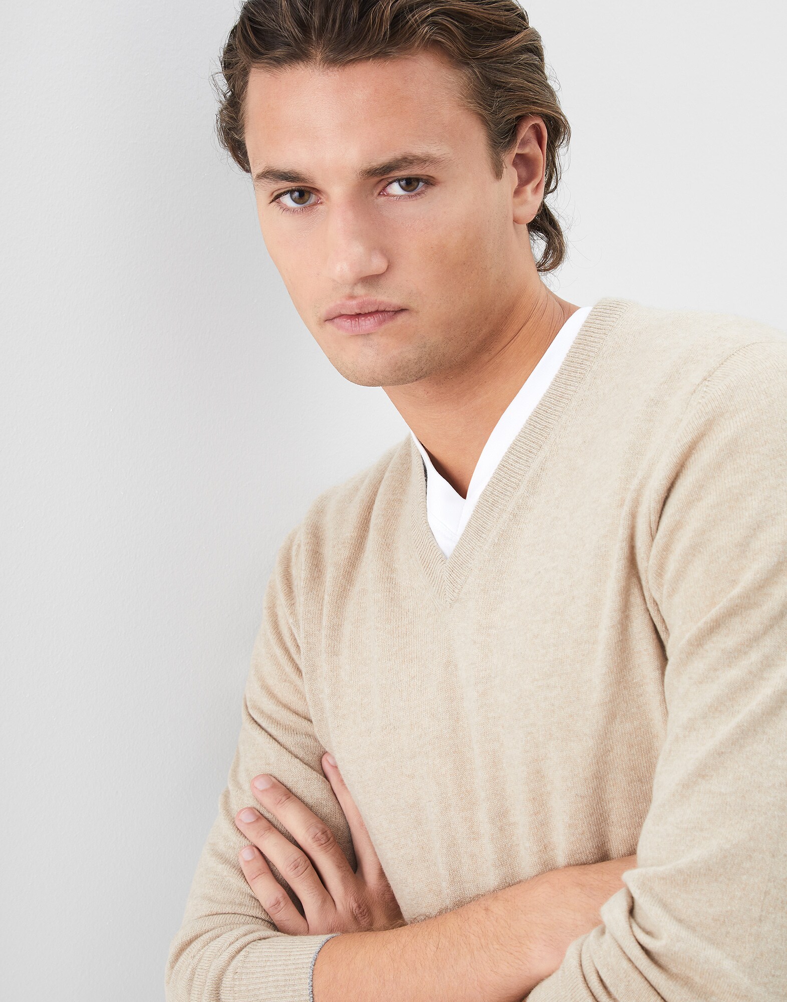 V-neck Sweater Warm Beige Man 2 - Brunello Cucinelli