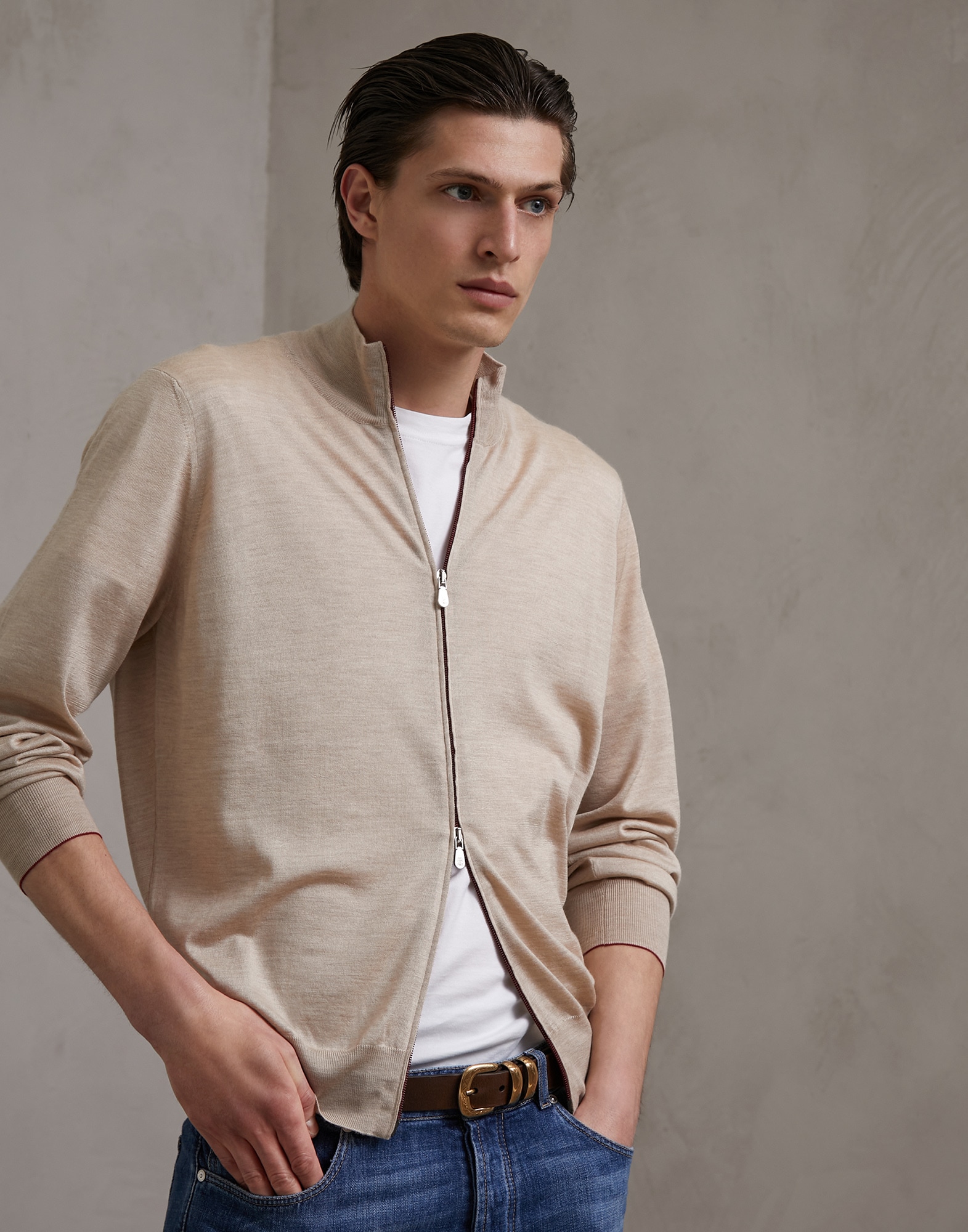 Zip-front Cardigan Light Brown Man 1 - Brunello Cucinelli