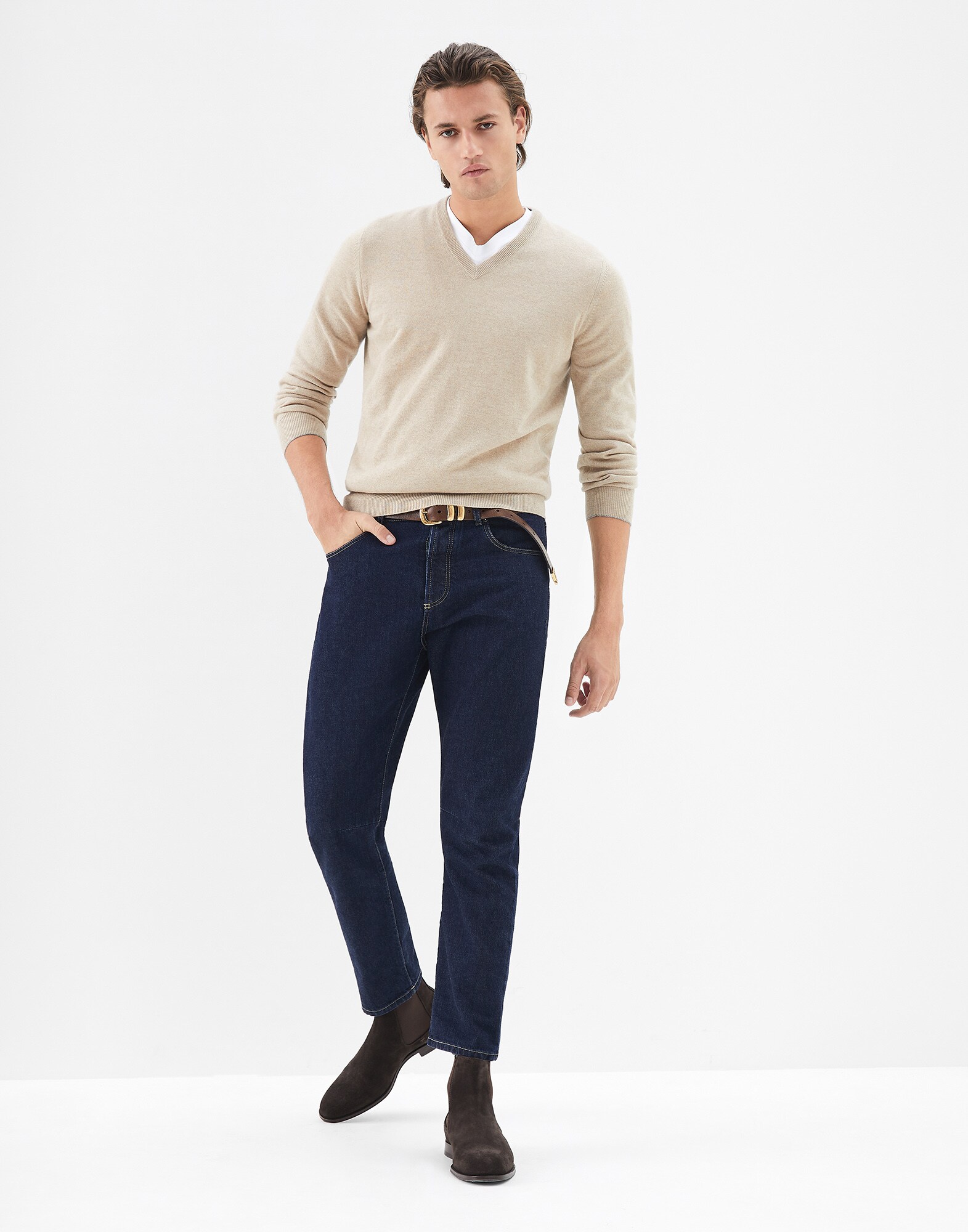 V-neck Sweater Warm Beige Man 3 - Brunello Cucinelli