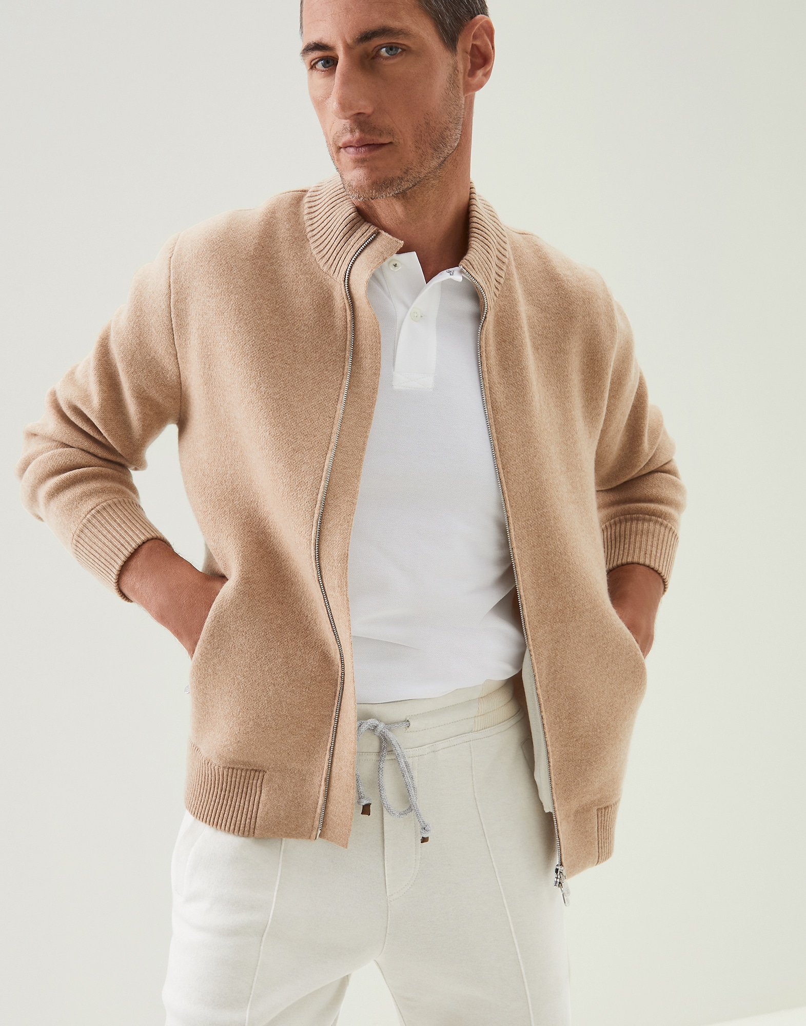 Zip-front Cardigan Biscuit Man 0 - Brunello Cucinelli