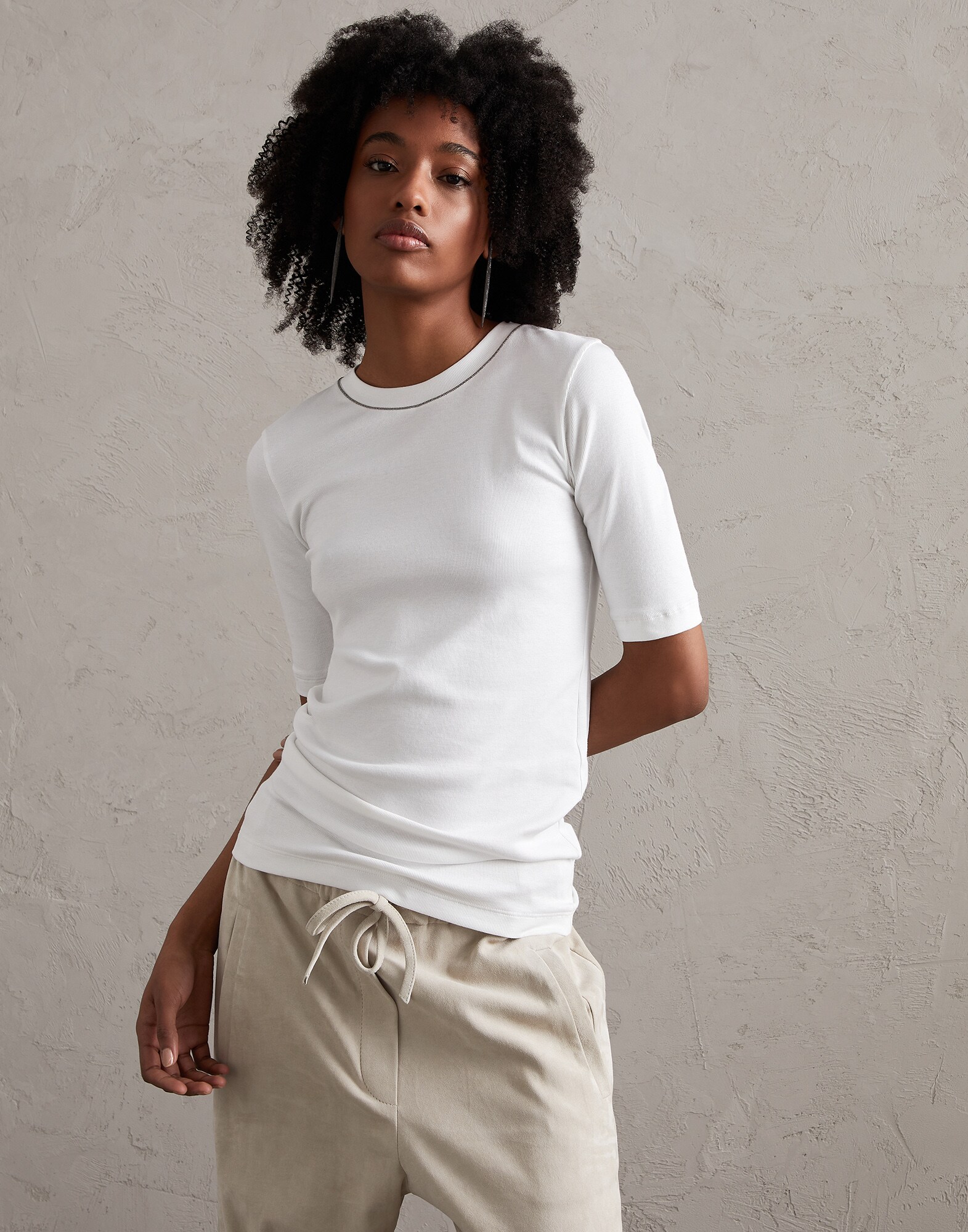 Tee-shirt en jersey côtelé Blanc Femme - Brunello Cucinelli