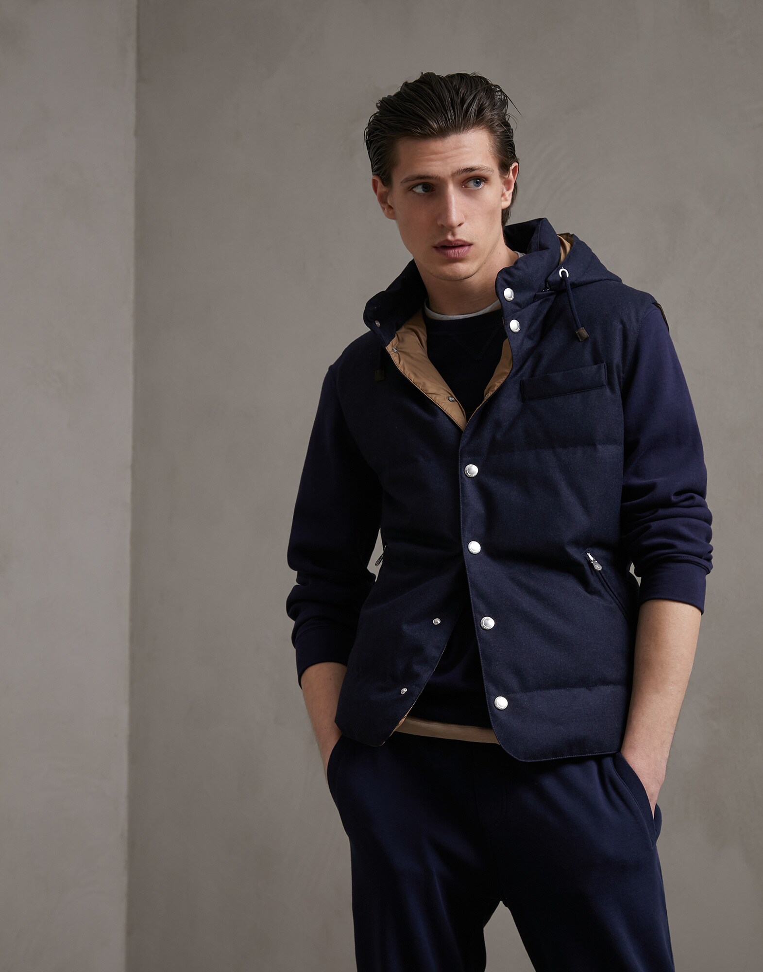 Down Sleeveless Jacket Navy Blue Man 0 - Brunello Cucinelli