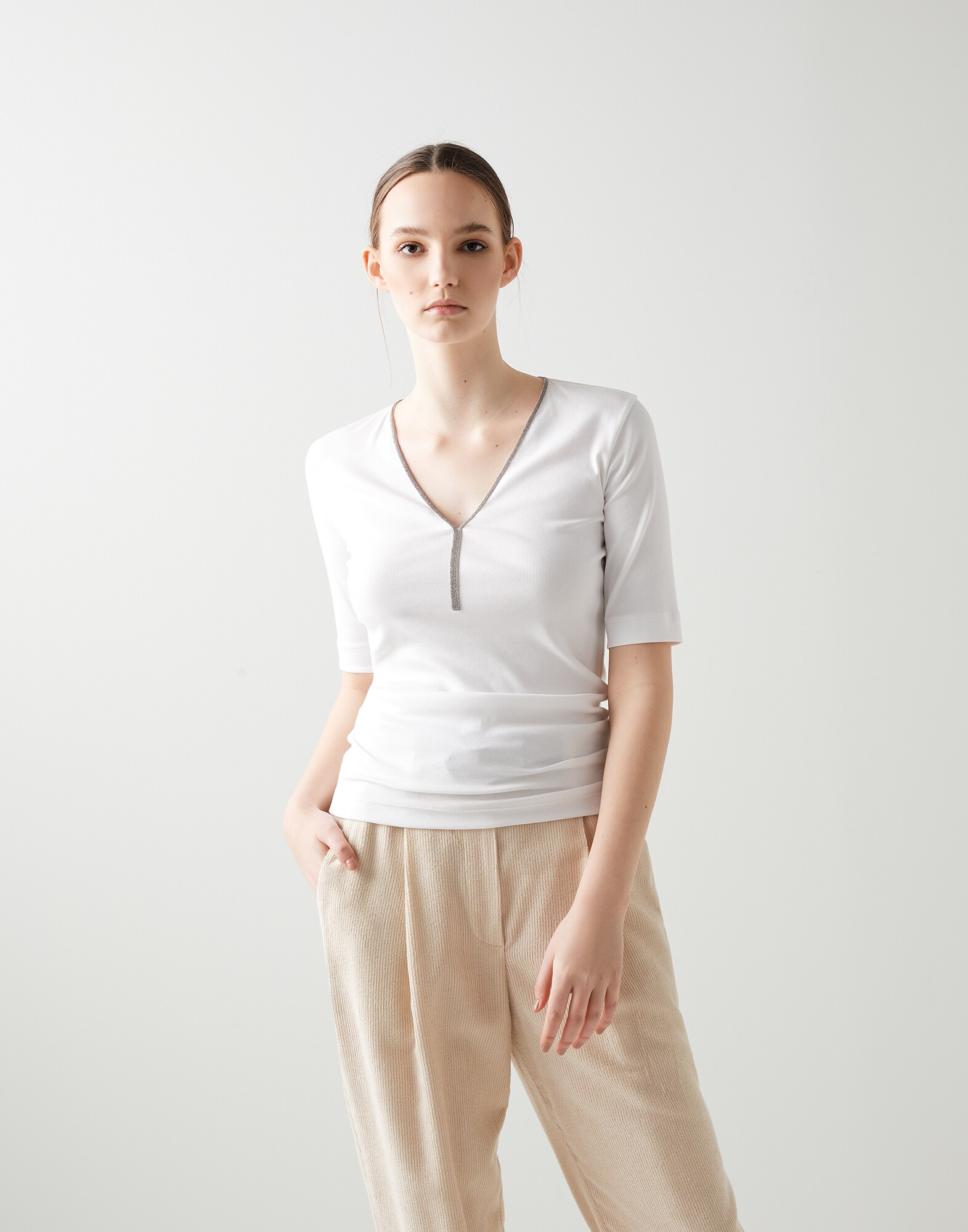 Tee-shirt en jersey côtelé Blanc Femme - Brunello Cucinelli