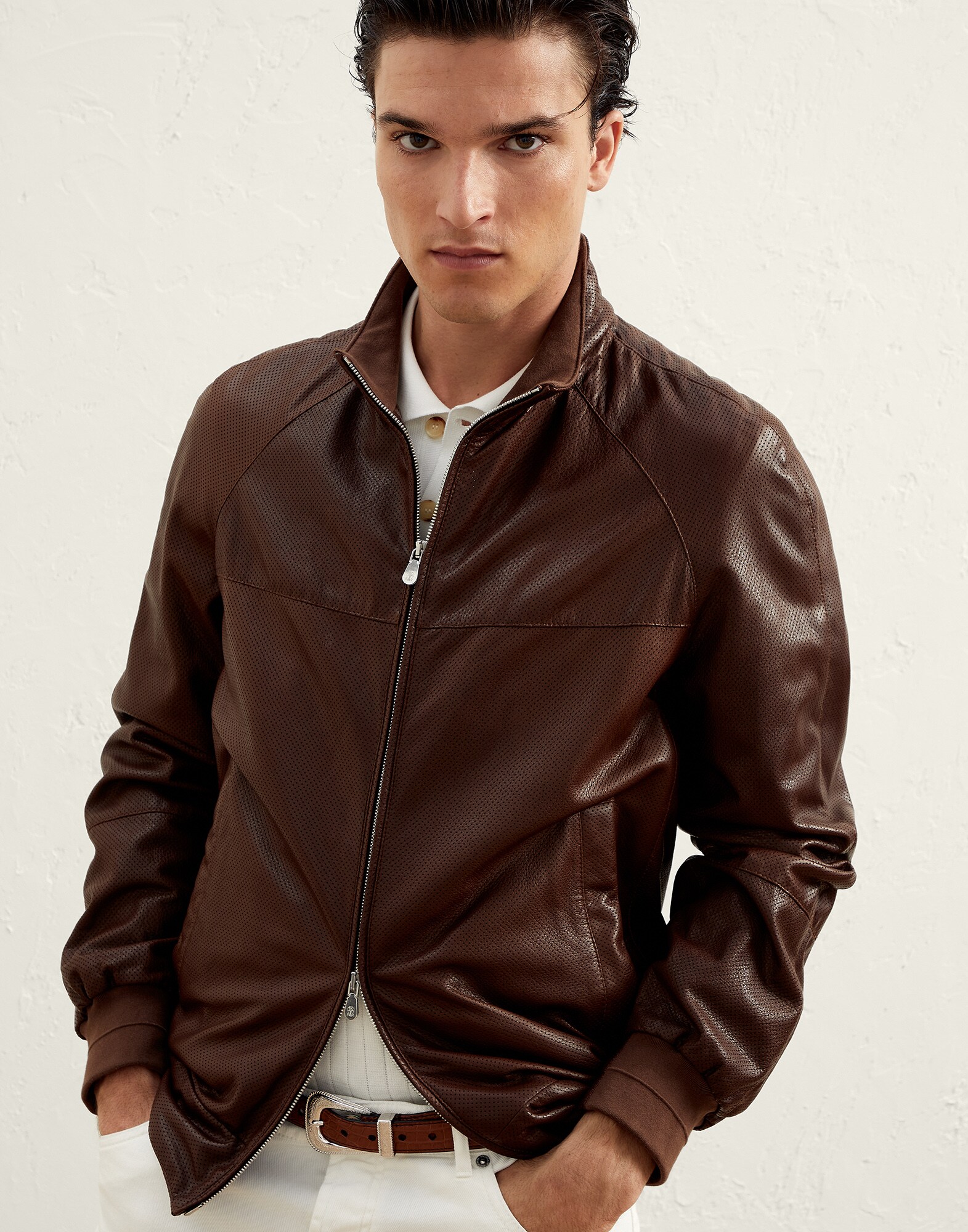Perforated nappa leather bomber jacket