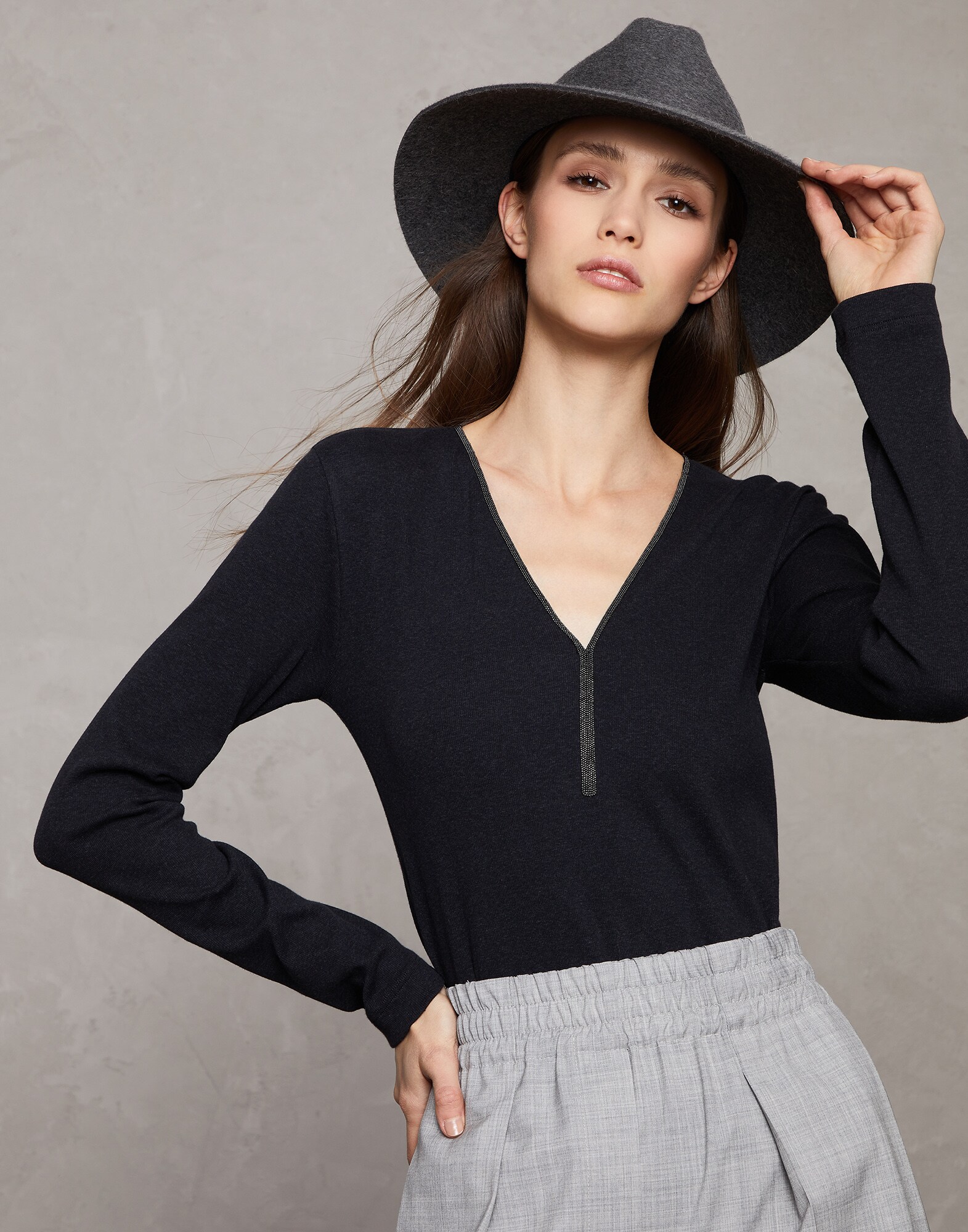 Tee-shirt en jersey côtelé Anthracite Femme - Brunello Cucinelli