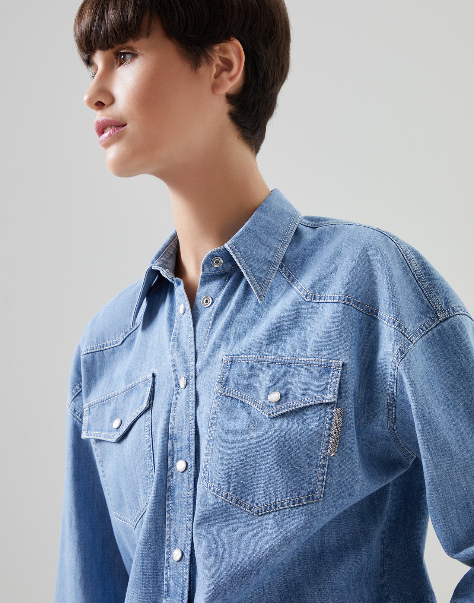 Camisa de denim ligero Denim Claro Mujer - Brunello Cucinelli