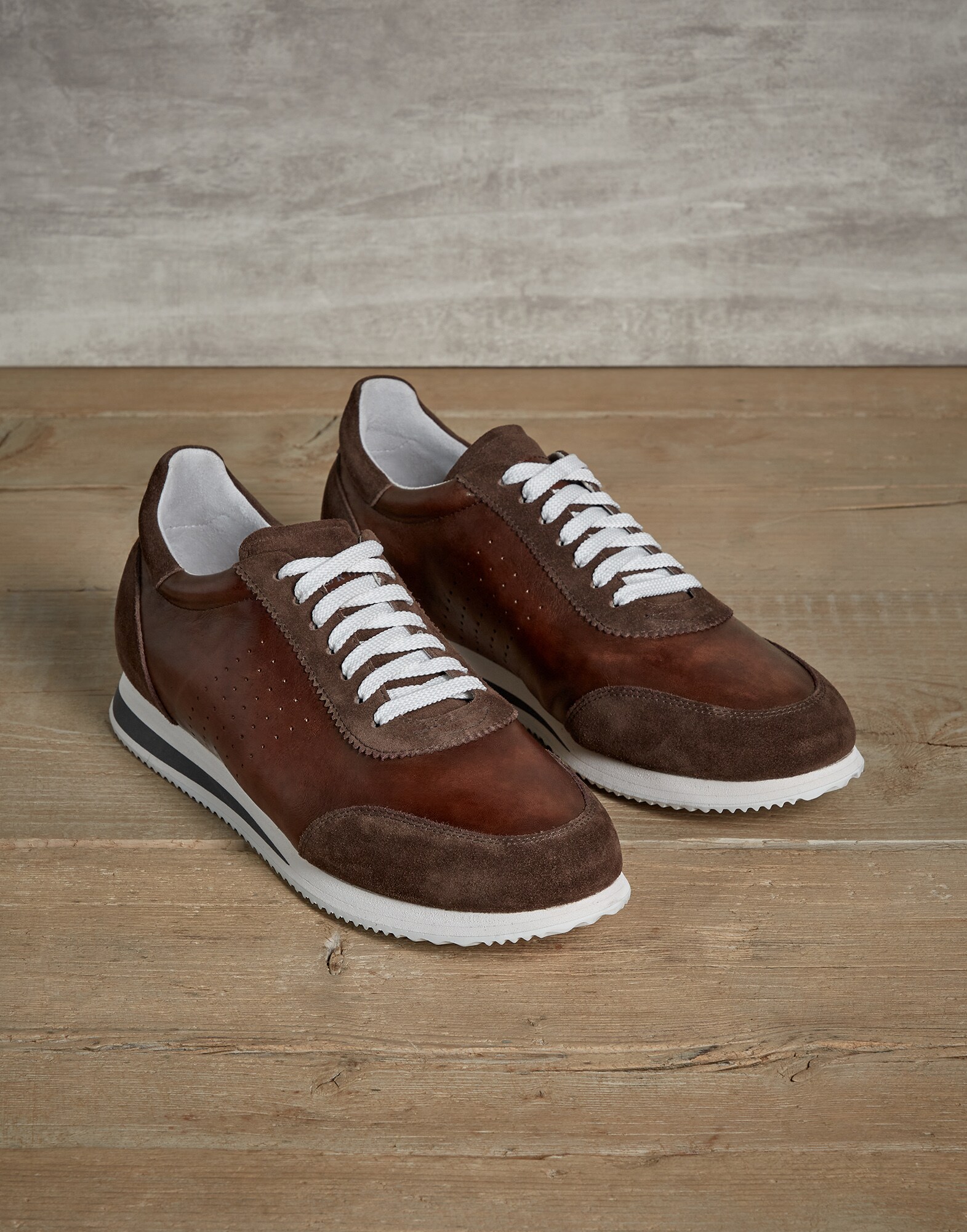 Leather and suede sneakers Pine Cone Brown Man - Brunello Cucinelli