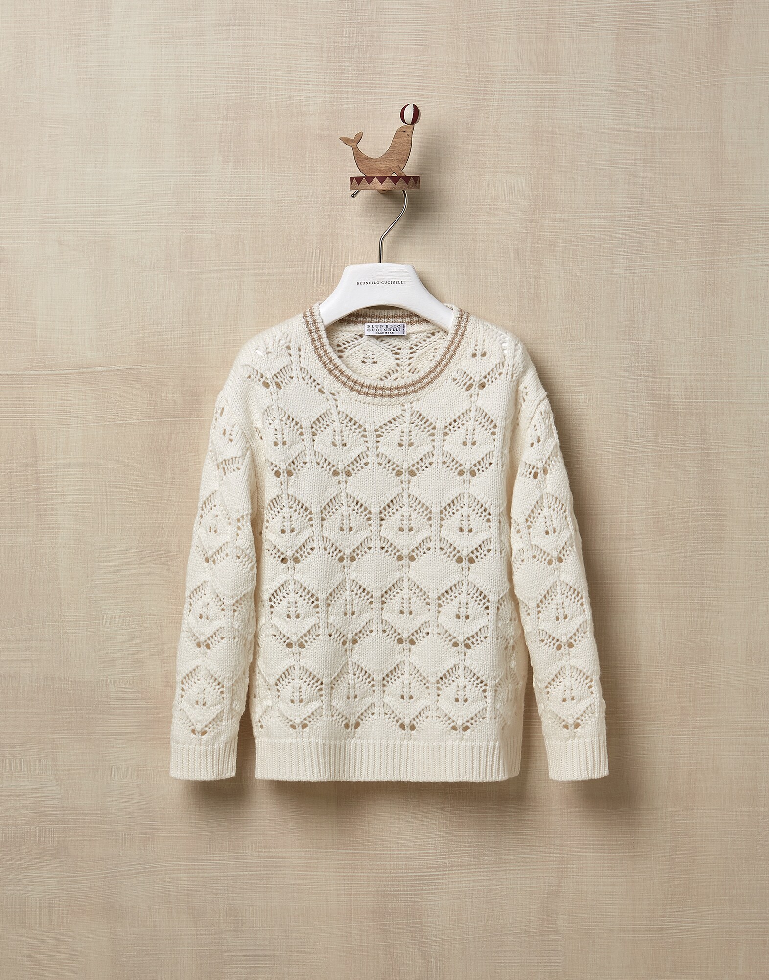 Crewneck Sweater Ecru Girl 0 - Brunello Cucinelli