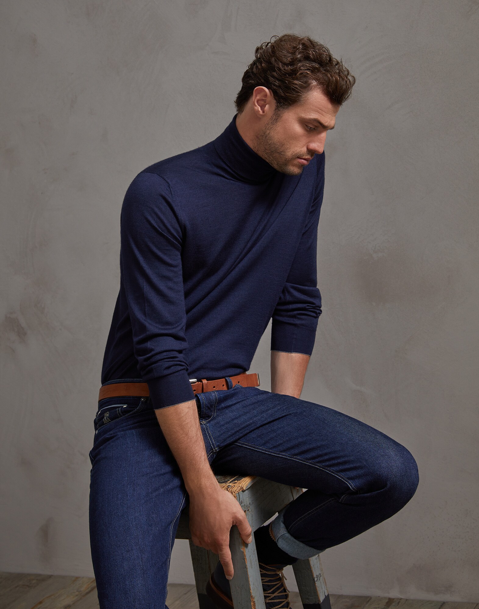 Pull Col Haut Bleu Marine Homme 4 - Brunello Cucinelli