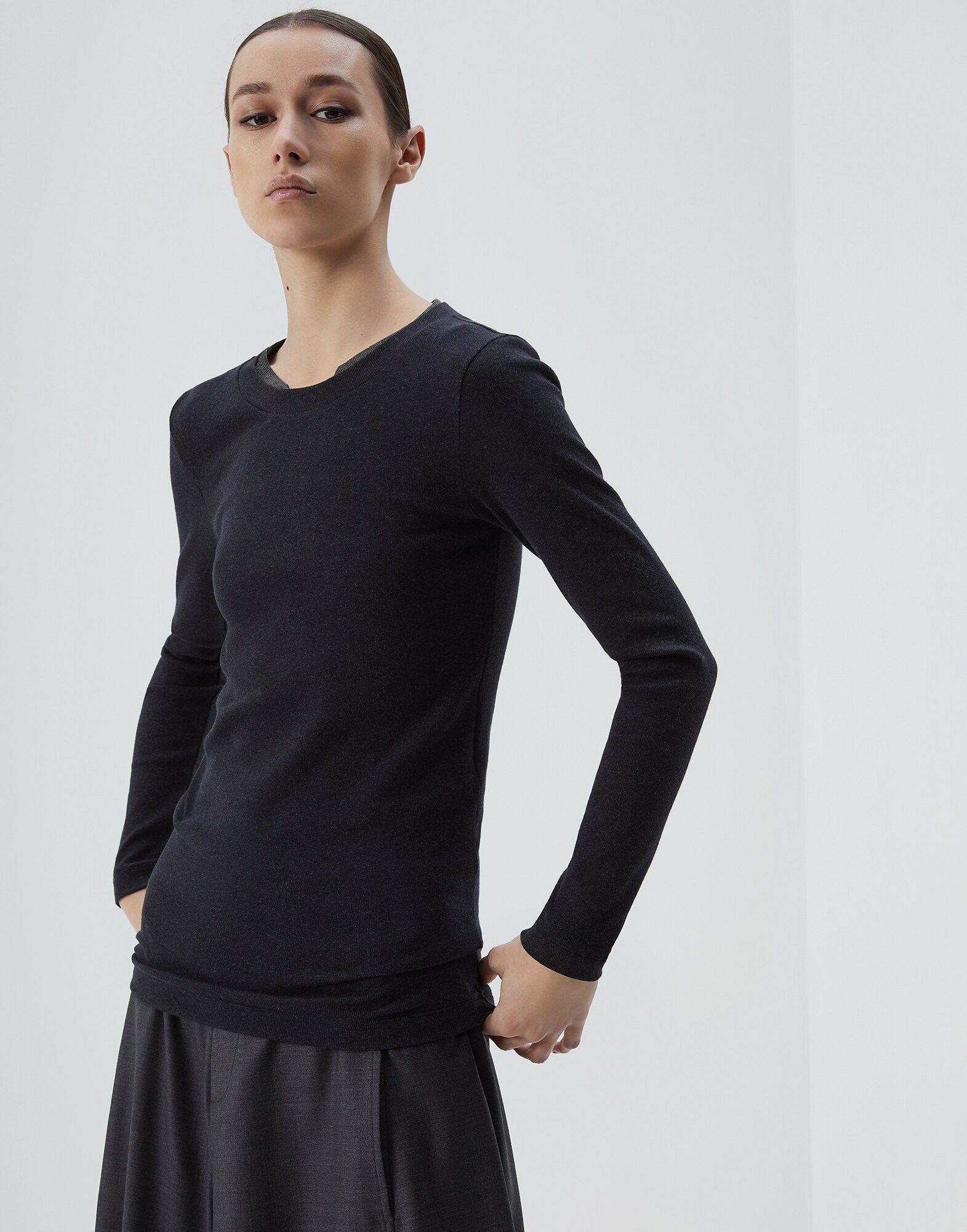 Long Sleeve T-Shirt Anthracite Woman 1 - Brunello Cucinelli