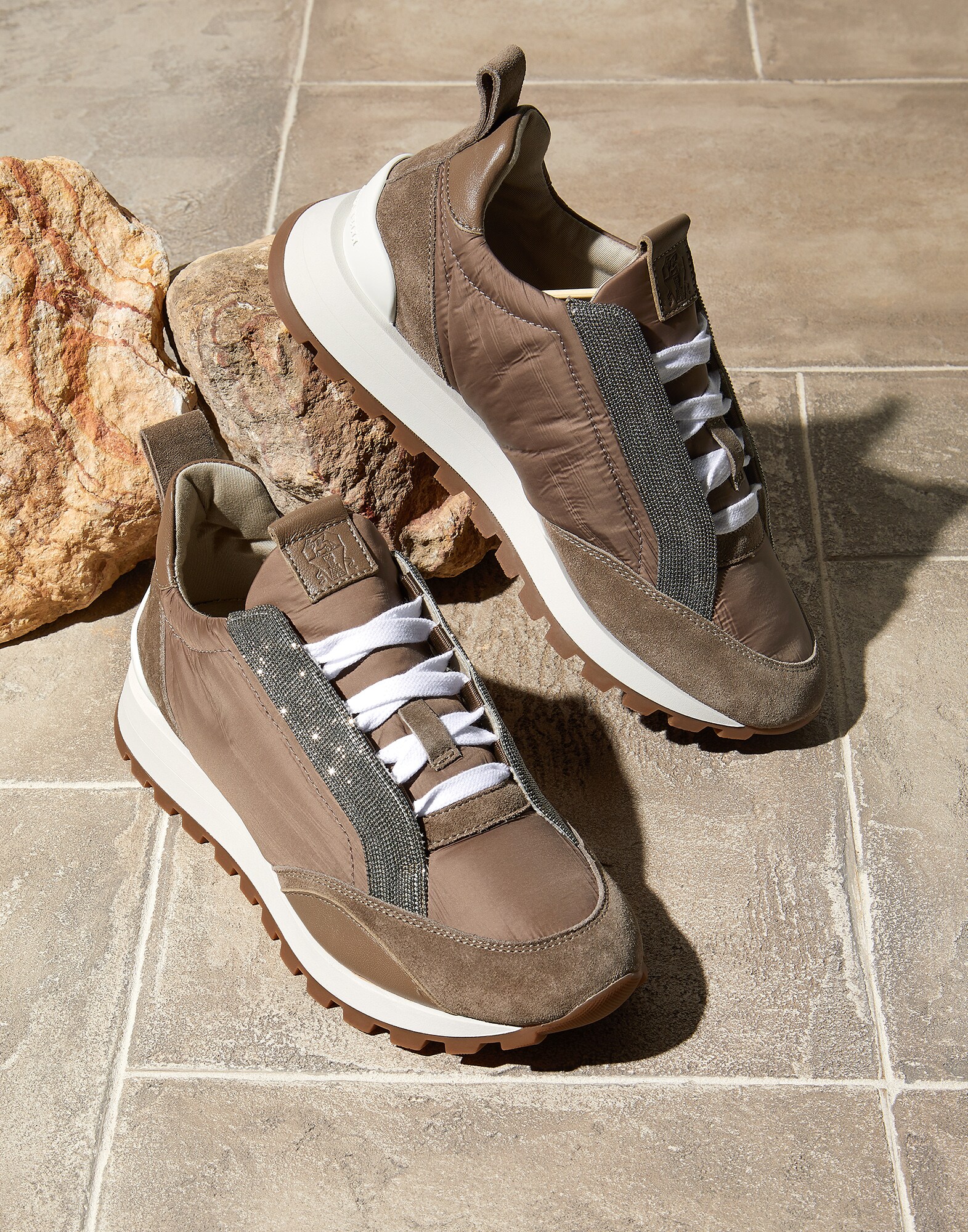 Chaussures de running en taffetas et daim Marron Boue Femme - Brunello Cucinelli