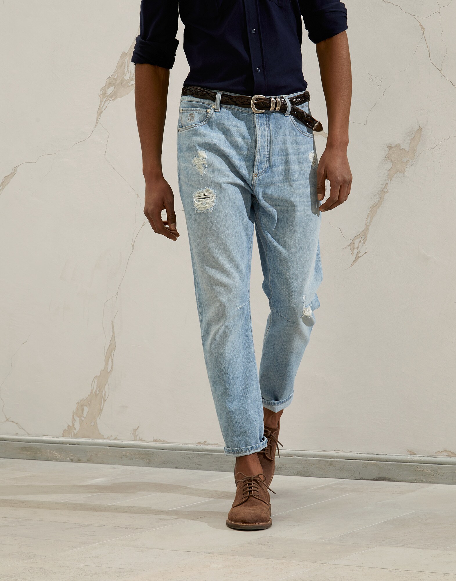 Trousers with rip details Light Blue Denim Man - Brunello Cucinelli