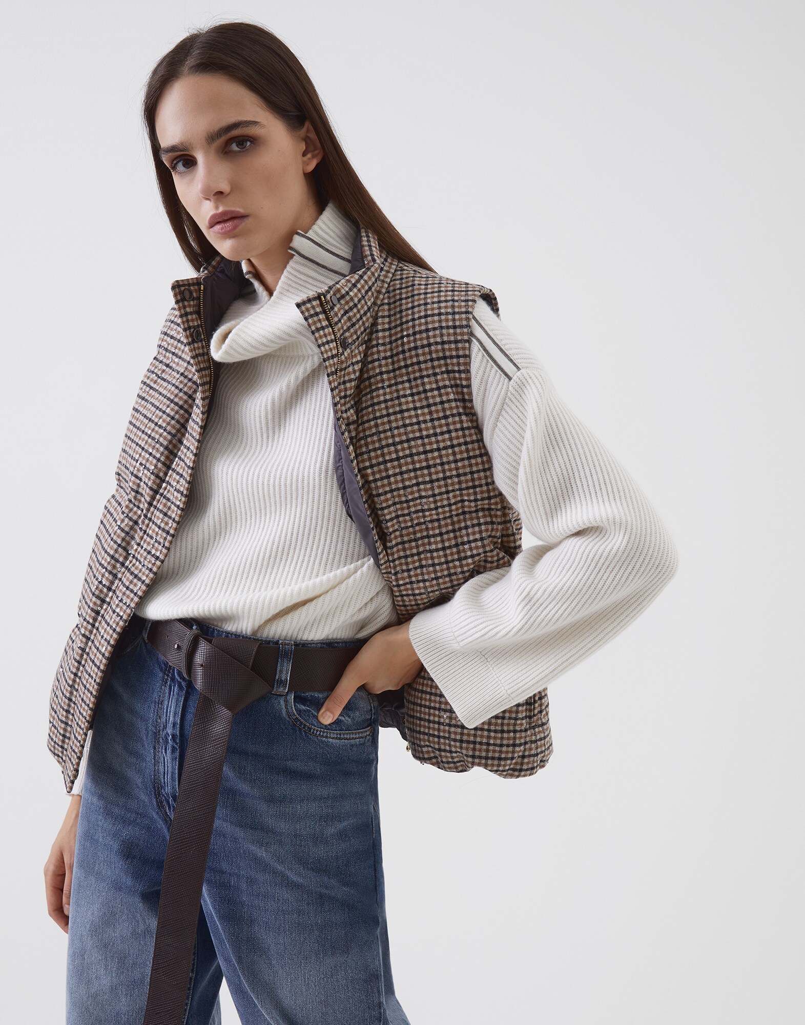 Down Sleeveless Jacket Beige Woman 0 - Brunello Cucinelli