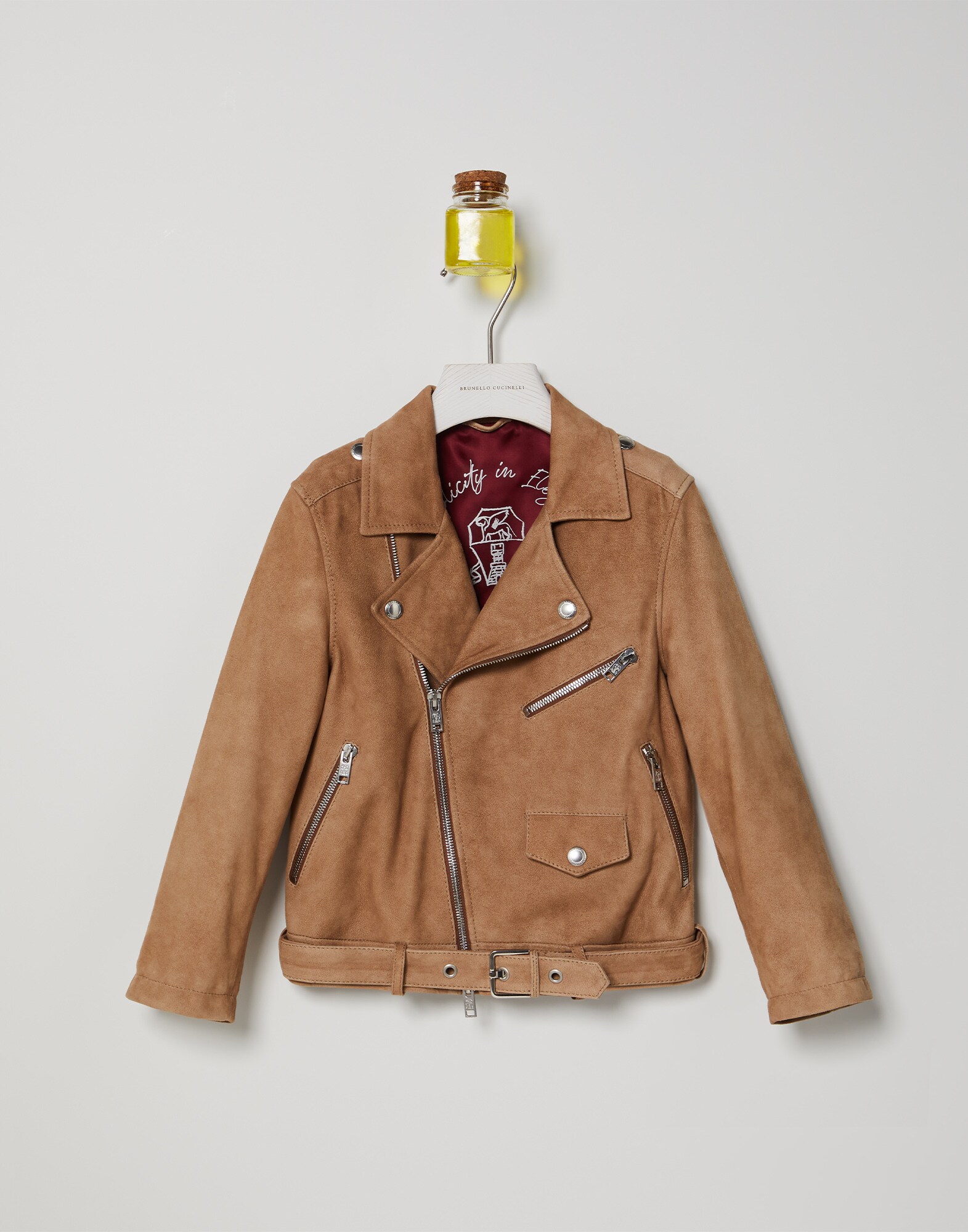 Bikerjacke aus Veloursleder Tabak Jungen - Brunello Cucinelli