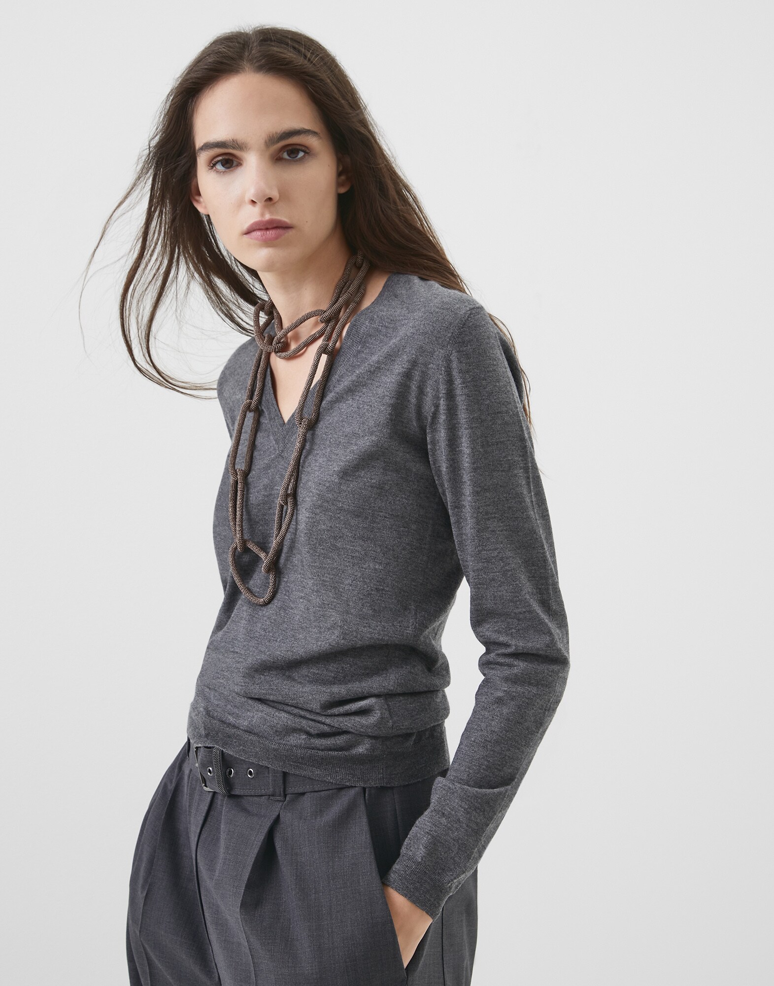 V-neck Sweater Lead Woman 0 - Brunello Cucinelli