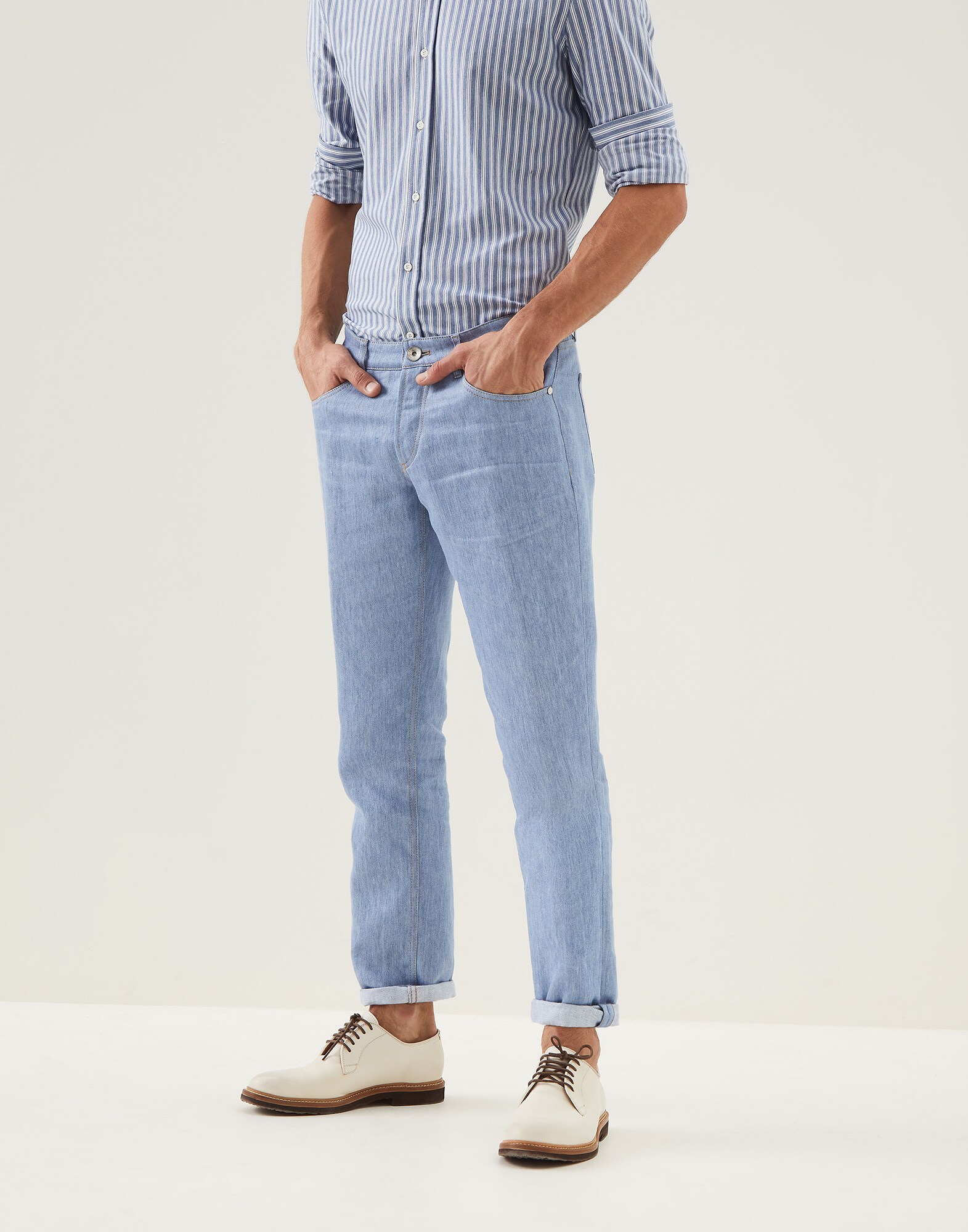 Traditional fit five-pocket trousers Light Denim Man - Brunello Cucinelli