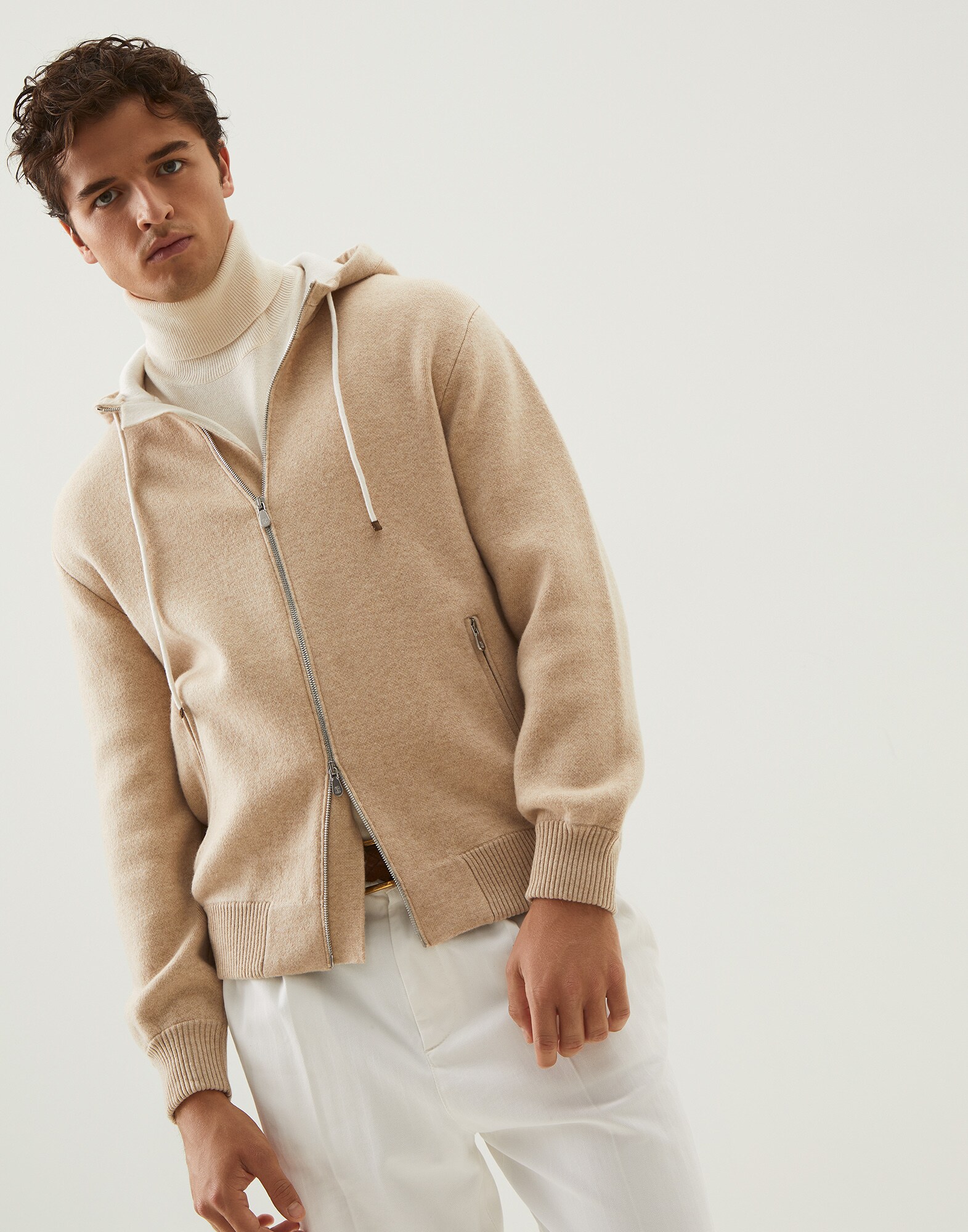 Zip-front Cardigan Beige Man 1 - Brunello Cucinelli