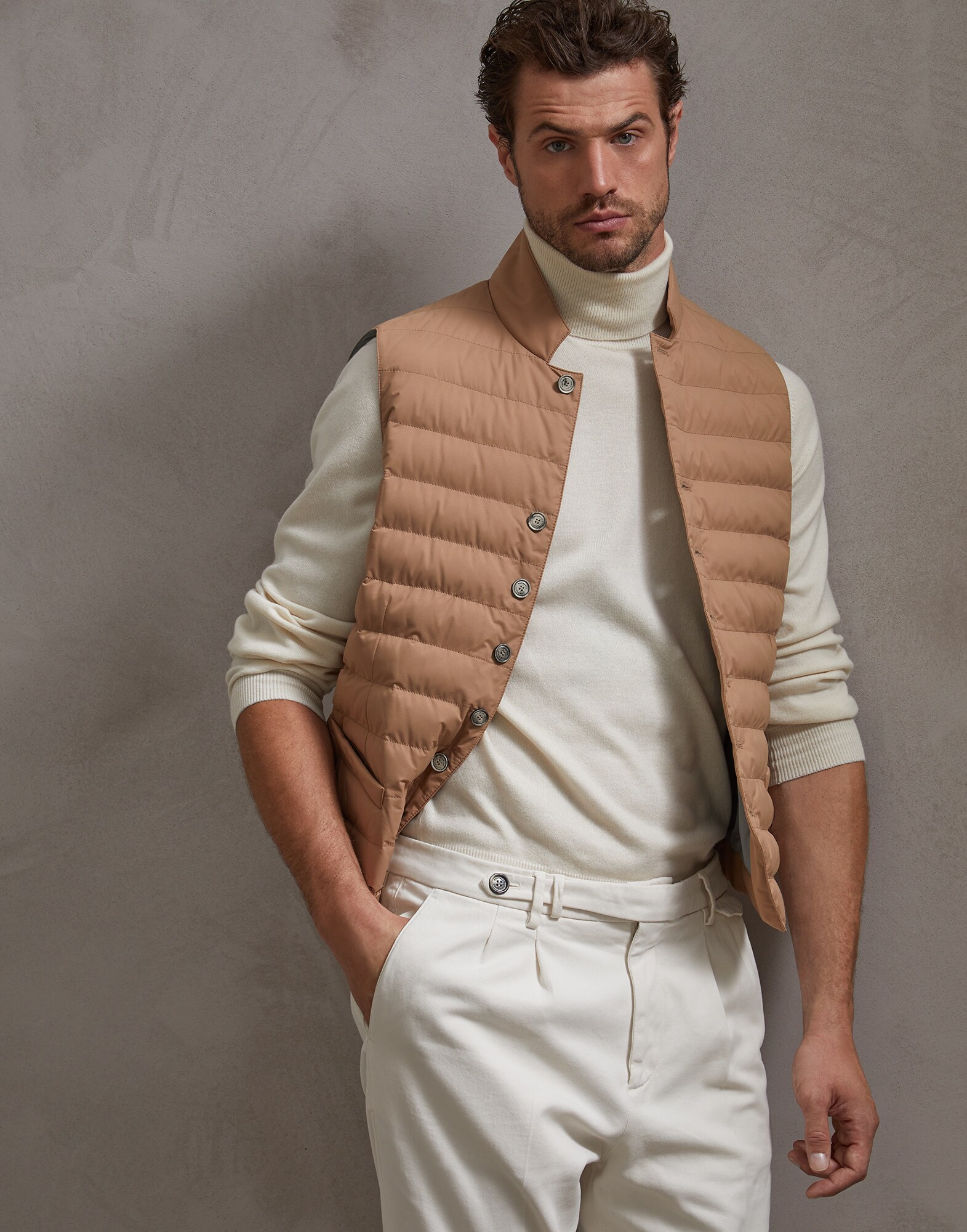 Down Sleeveless Jacket Camel Man 4 - Brunello Cucinelli