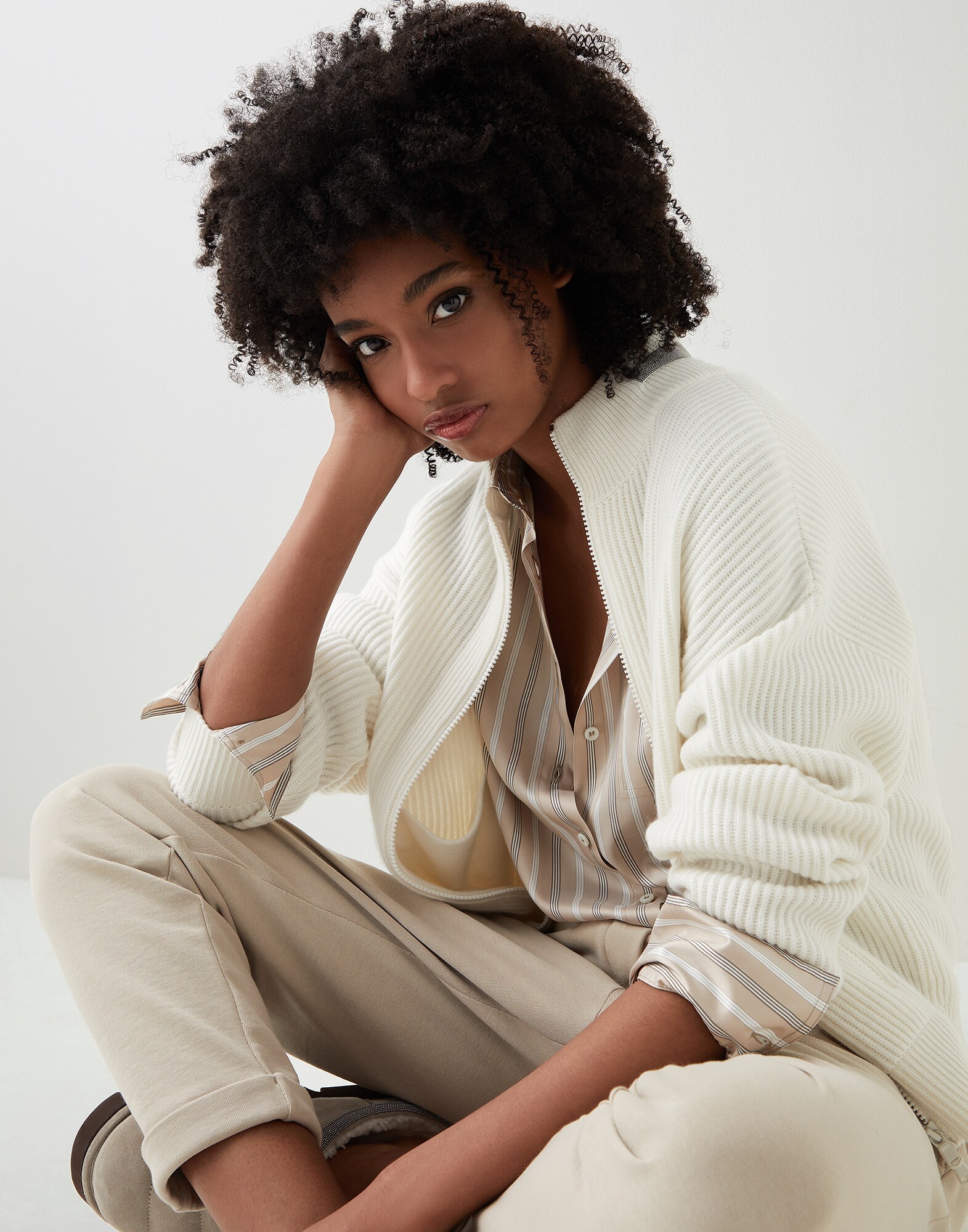 Cardigan with monili White Woman - Brunello Cucinelli