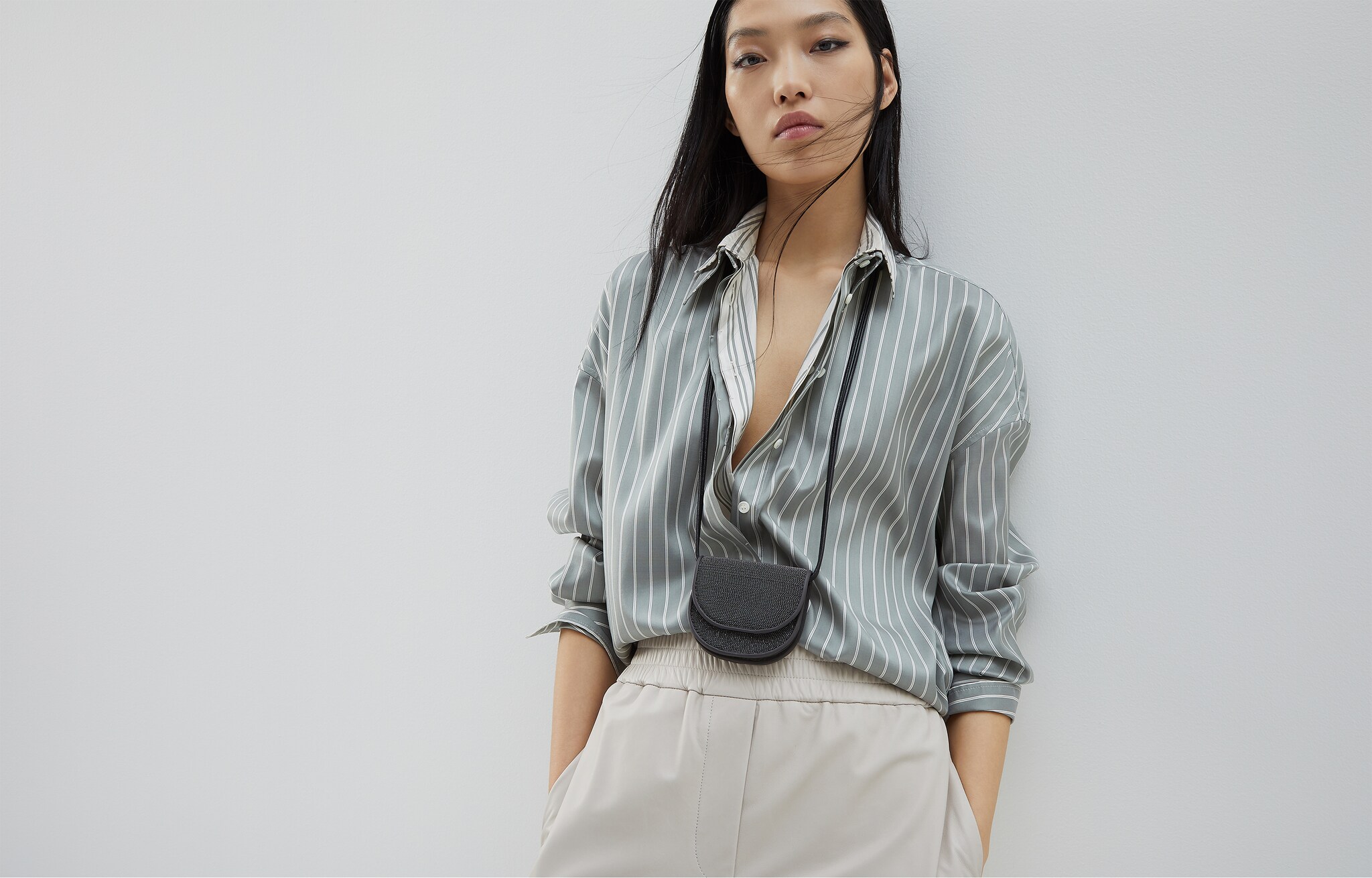 Seidenhemd Bluse aus Seide in Streifenmuster Minze Damen - Brunello Cucinelli