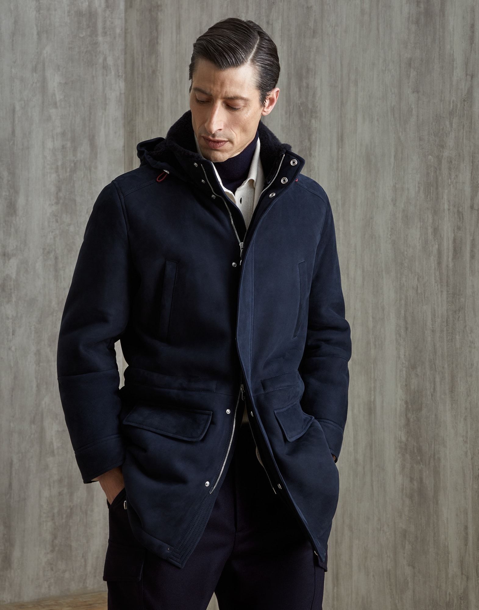 Shearling parka Navy Blue Man - Brunello Cucinelli