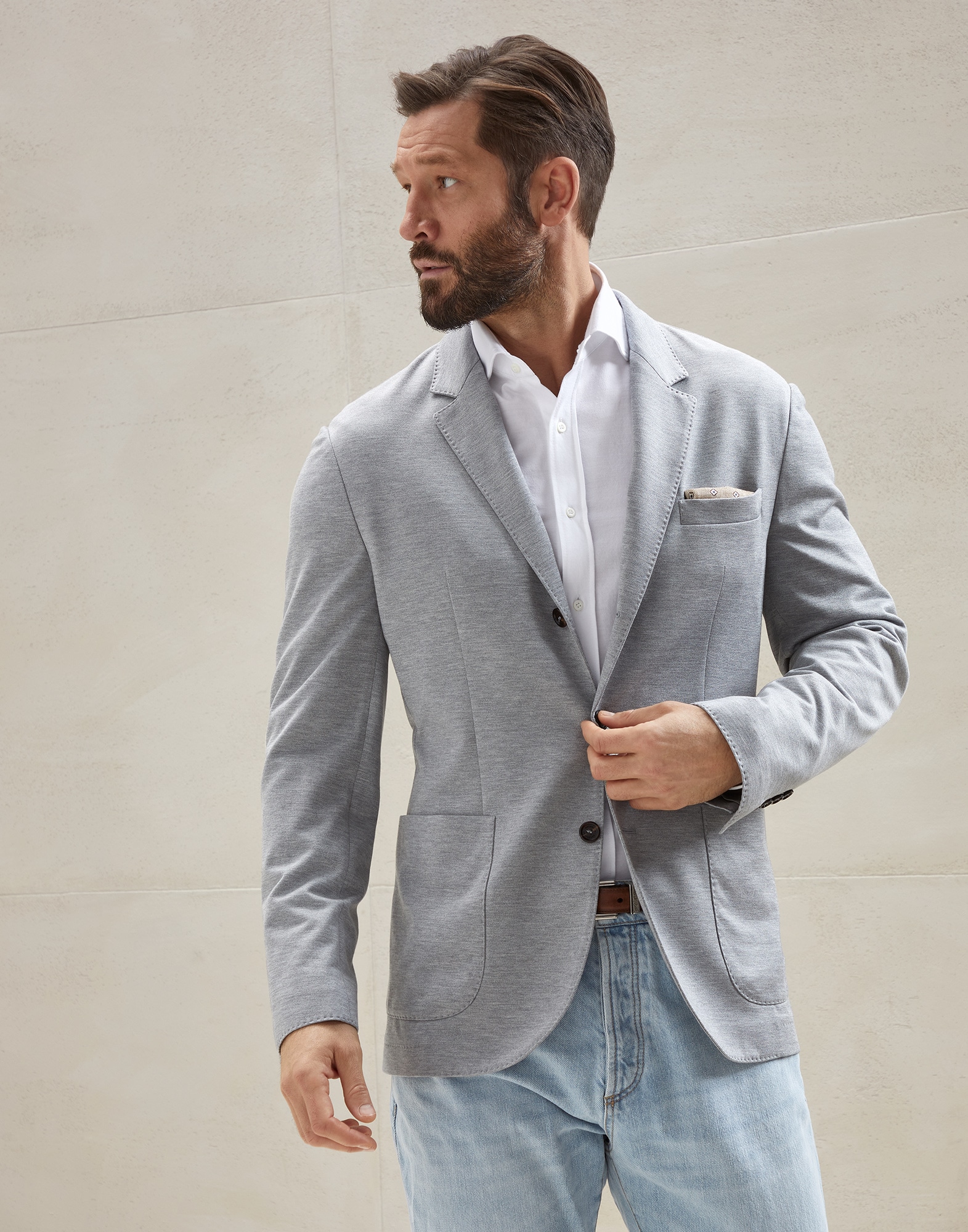Silk and cotton piqué blazer Light Grey Man - Brunello Cucinelli