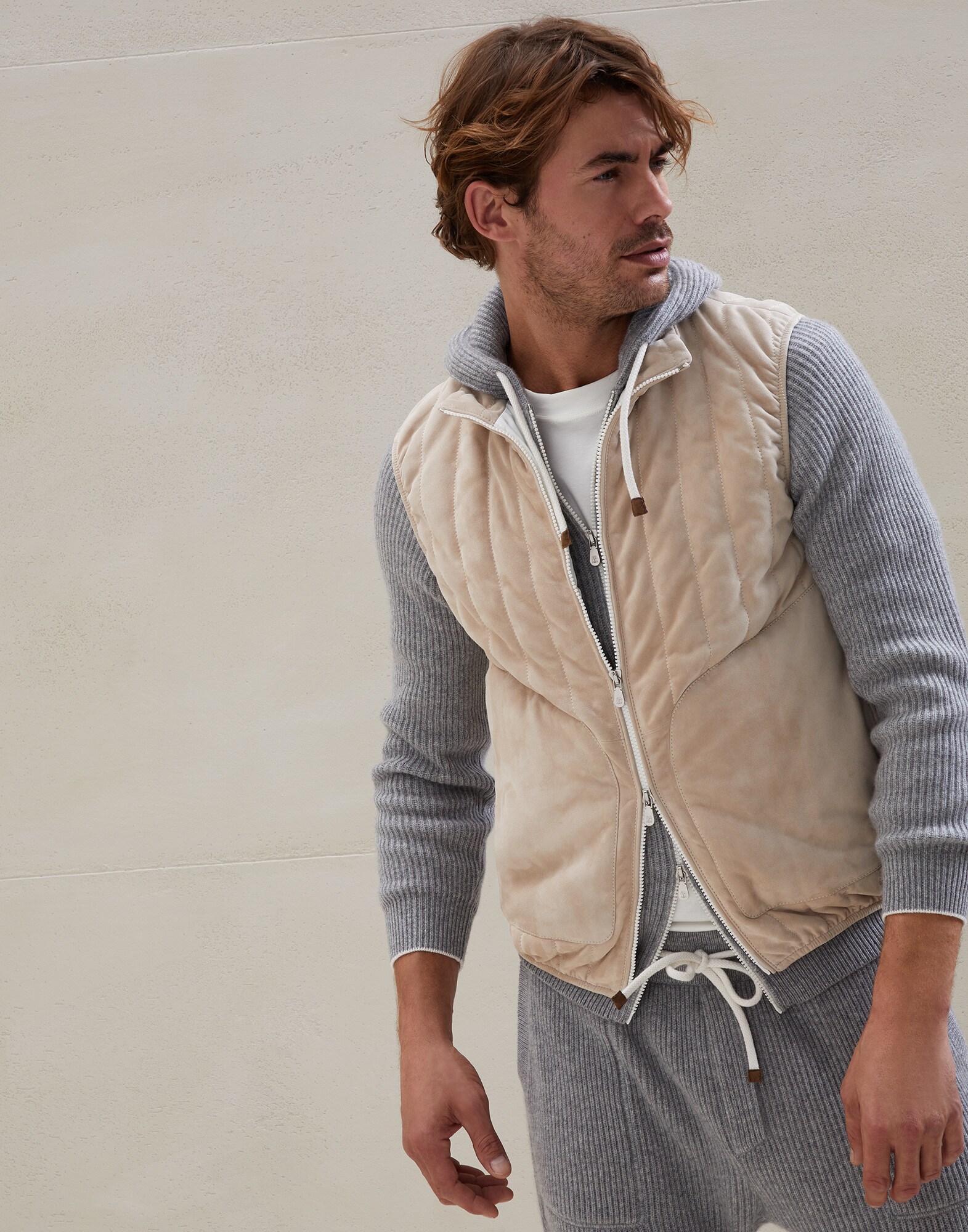 Wattierte Daunenjacke aus Veloursleder Biskuit Herren - Brunello Cucinelli